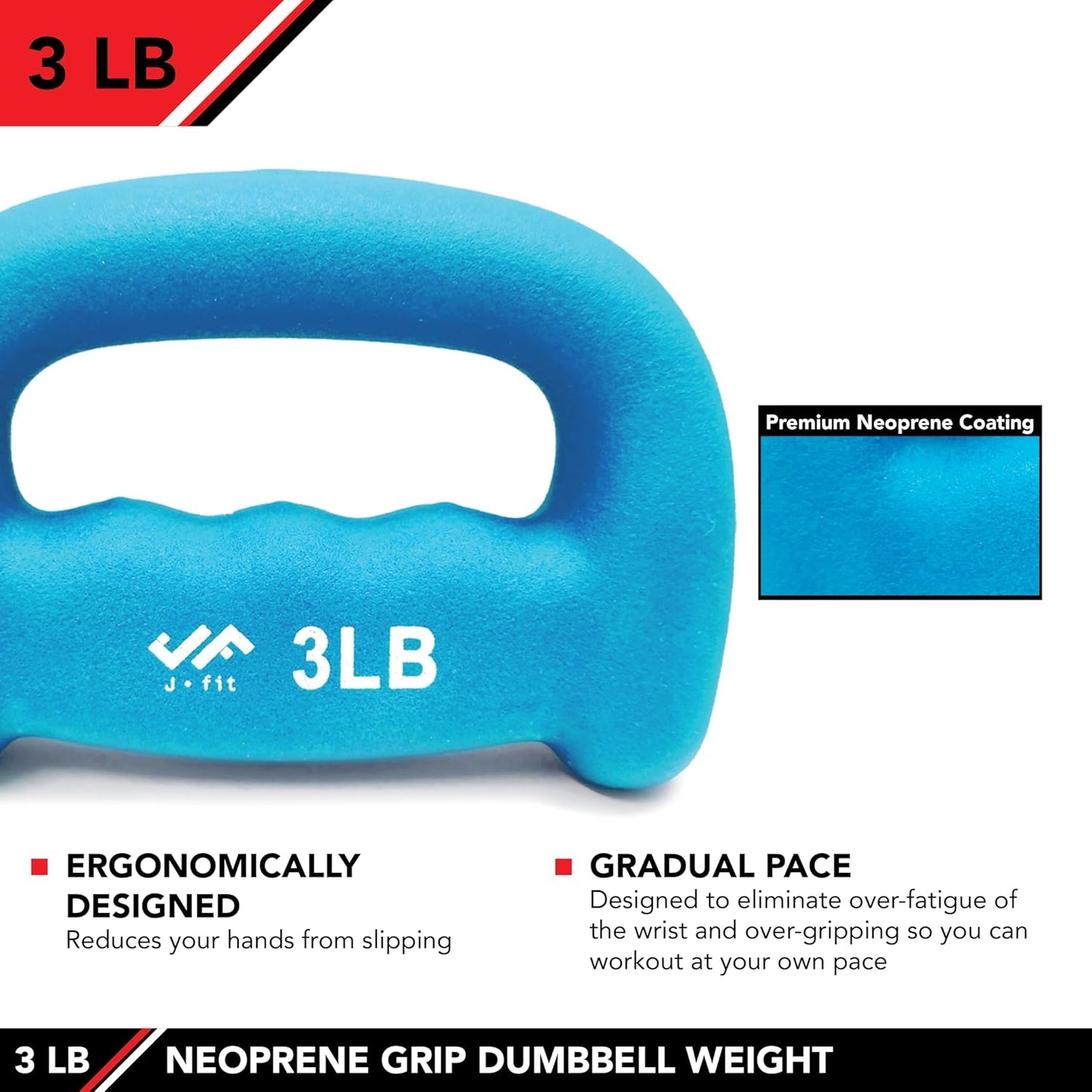 JFIT Neoprene D Grip Dumbbells - Single Weights 1LB-5LB - Premium Non-Slip, Hand Weights, Ergonomic Design