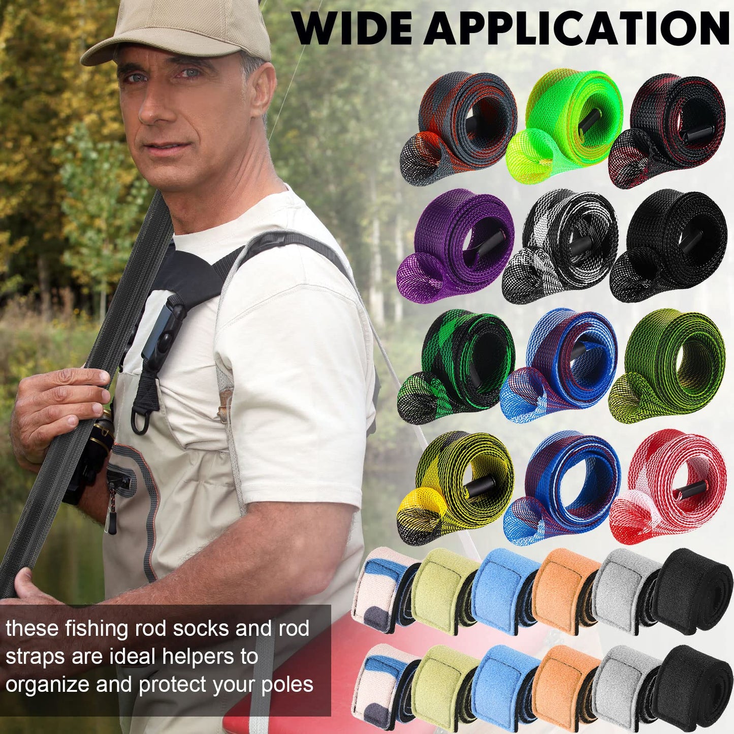 24 Pcs in Total, 12 Fishing Rod Sleeve and 12 Rod Strap, 66.93 Inch Braided Mesh Rod Socks Fishing Pole Covers with Rod Ties Straps for Fly Spinning Rod Casting Sea Rod Fishing Tool Accessories