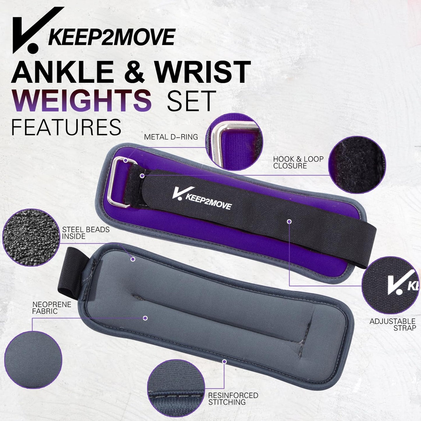 KEEP2MOVE Ankle Weights for Men Women Kids 1 Pair 2Lbs Each, Rectangular Strength Training Wrist Weights with Adjustable Strap for Walking, Running, Pilates, Yoga, Dance, Aerobics, Cardio Exercises
