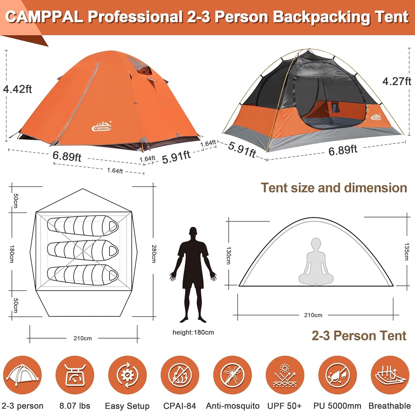 2-3 Person Backpacking Tent with Double Door 2 Vestibule, Waterproof Windproof Lightweight Easy Set Up 3 Season 2 Man Two Person Tent for Camping, Hiking, Motorcycle, Mountaineering with UPF 50+