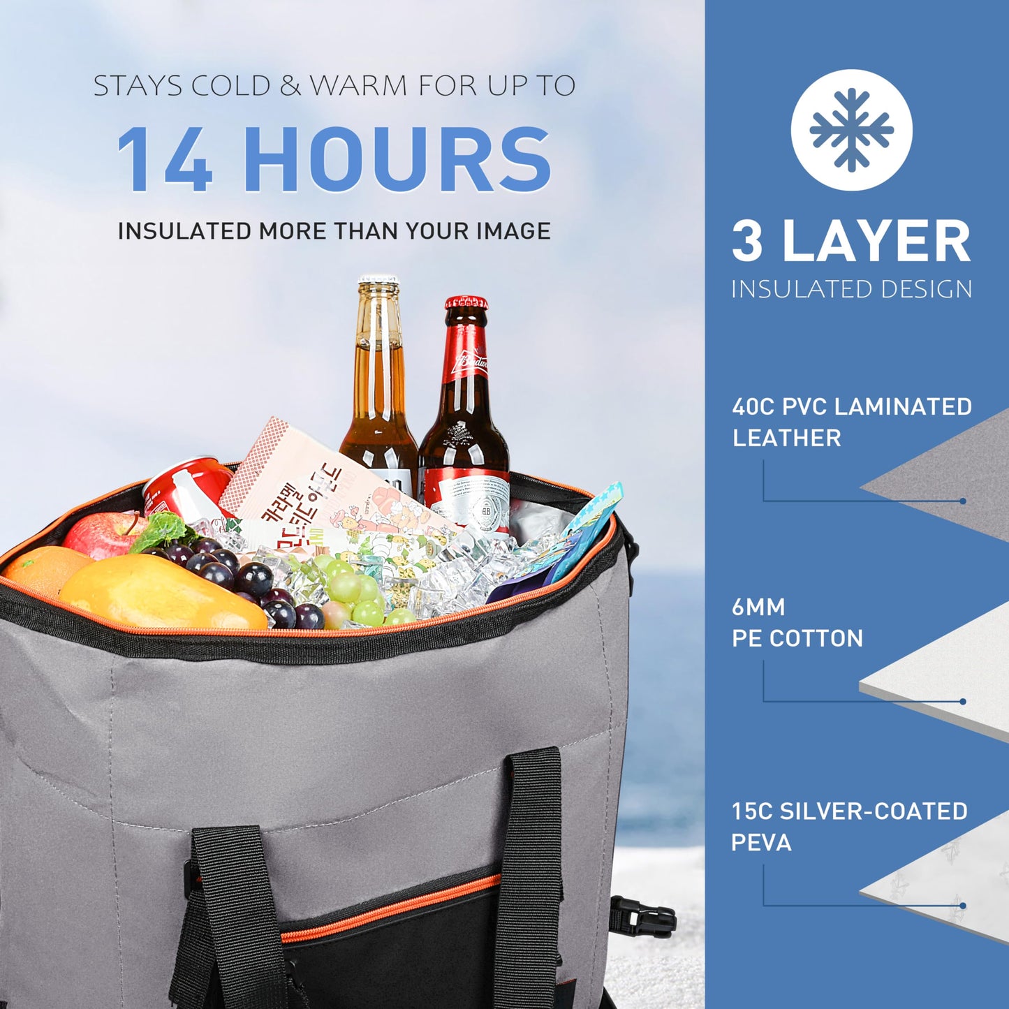 30 Cans Insulated Cooler Bag, Collapsible Leakproof Outdoor Camping Cooler with Zippered, Reusable Portable Grocery Cooler Bags for Travel, Picnic, Camping, Kayaking