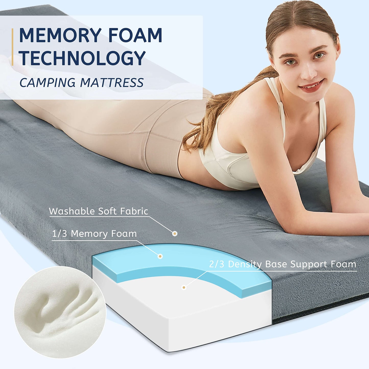 HomeMate Memory Foam Camping Cot Mattress Pad Mat-Sleeping Pad Mat Portable Roll Up Travel Mattress CertiPUR-US for Adults-Camping Bed for Guests Floor Tent Sleepover with Waterproof Cover Travel Bag