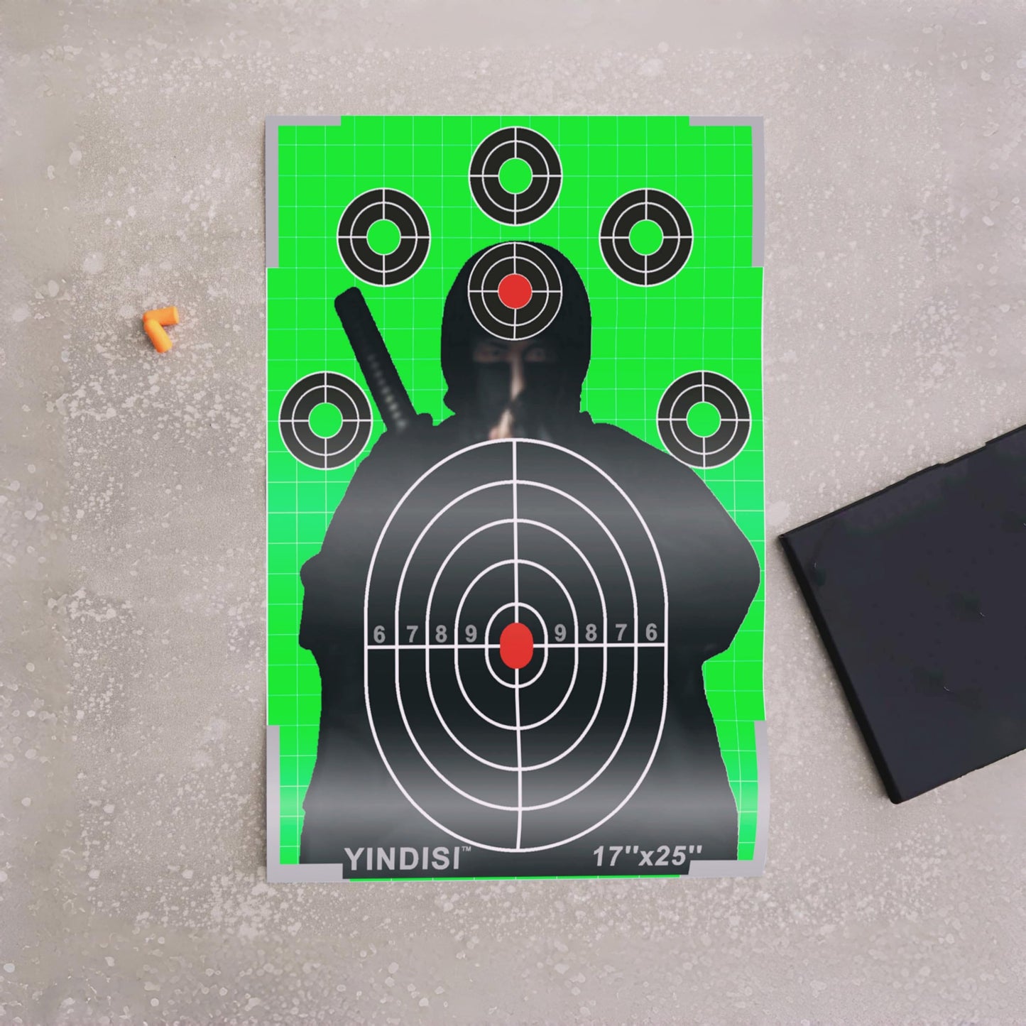 17x25 inch Fluorescent Green Opponent Silhouette Target with White Grid Lines, NonReflective Surface, Includes Carrying Bag, 25 Sheets, Ideal for Handguns, Rifles, Airguns, BB Guns