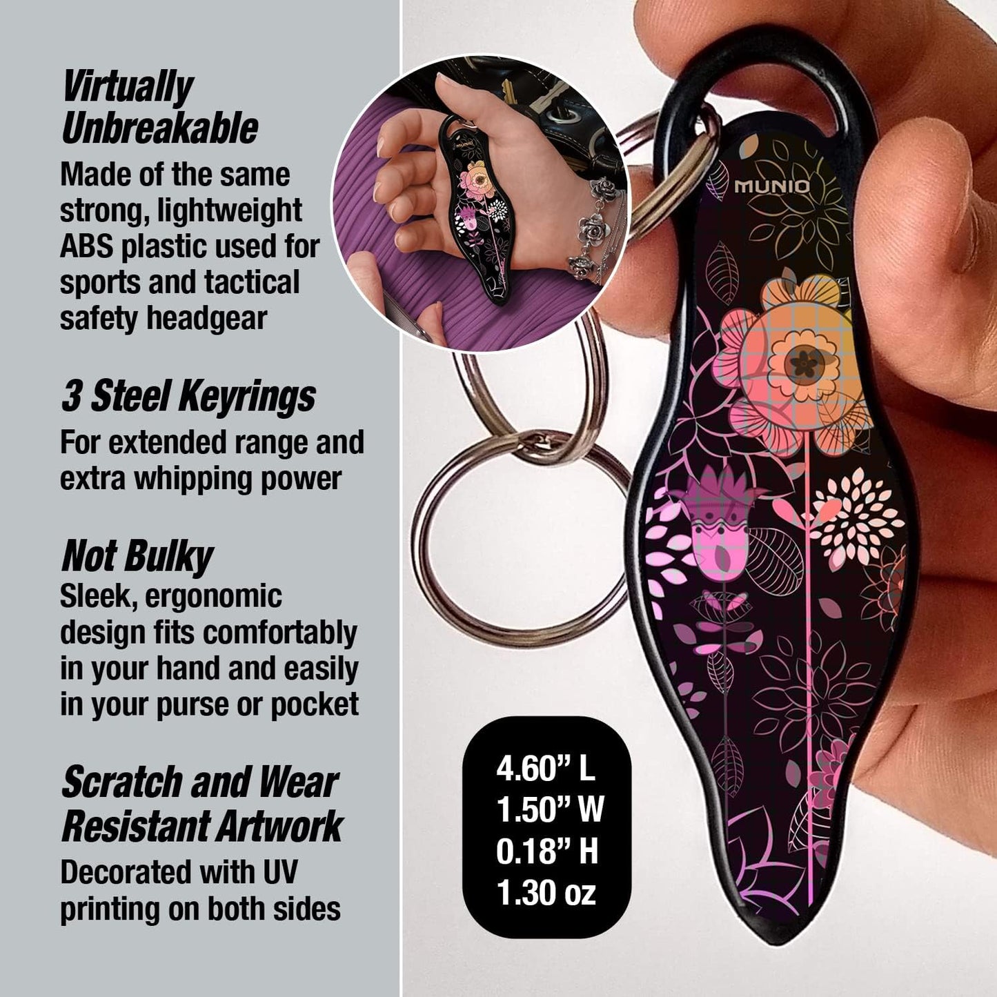 MUNIO Self Defense Keychain – Lightweight, Stylish & Portable Safety Tool for Women & Men – Non-Lethal Kubotan, Easy to Use, TSA Approved – Made in USA – Modern Flowers Design