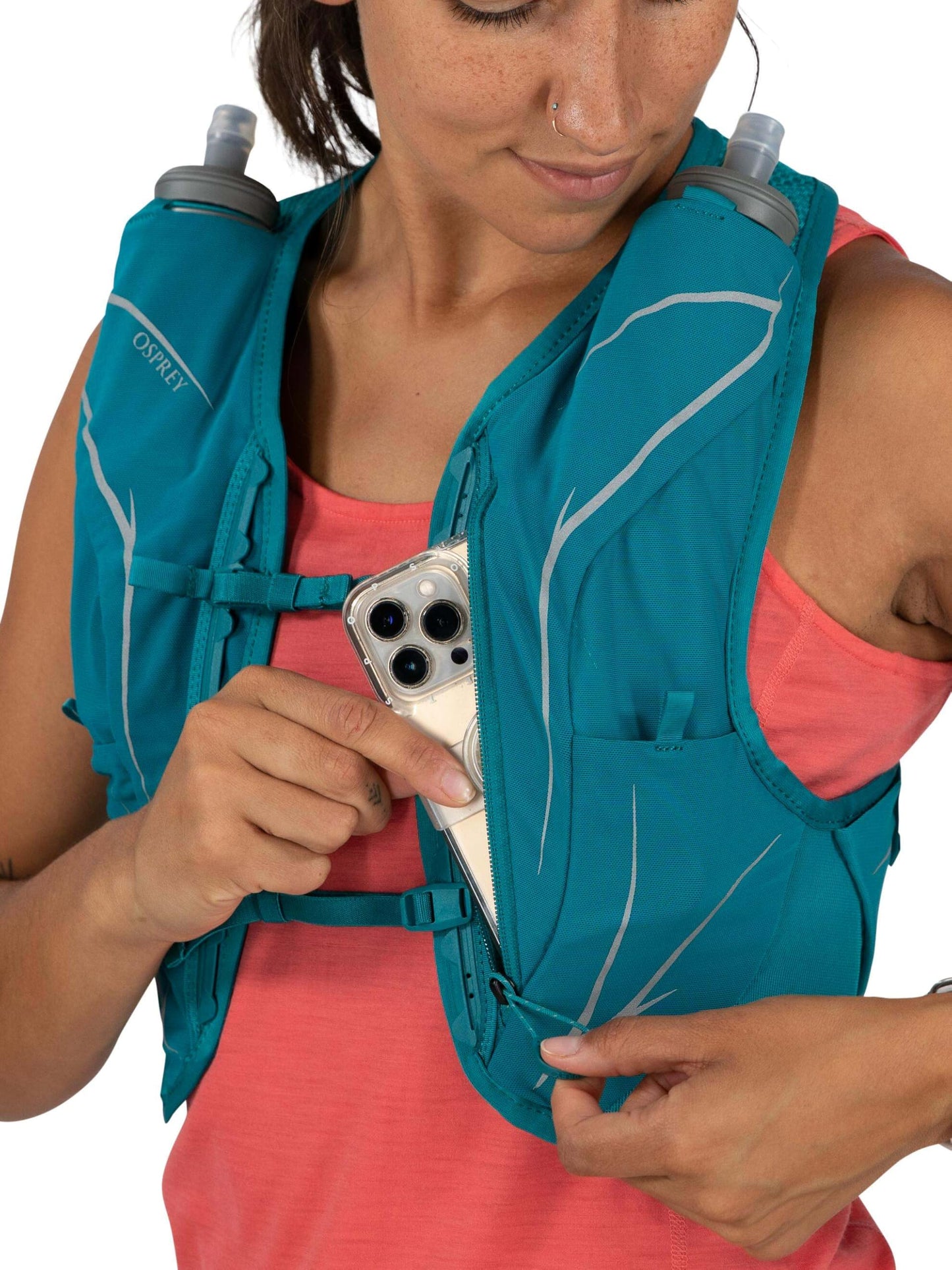 Osprey Dyna LT Women's Running Hydration Vest with Hydraulics Soft Flasks, Cascade Blue/Silver Lining, Medium