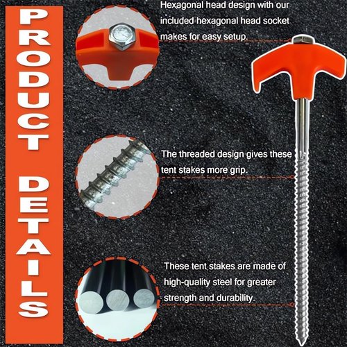 8" Screw in Tent Stakes - Ground Anchors Screw in, Tent Pegs Camping Stakes Heavy Duty, Metal Threaded Tent Spikes, Hex Pegs Drillable Tent Stakes, Screw Tent Stakes for Outdoor Camping (8PCS-Black)