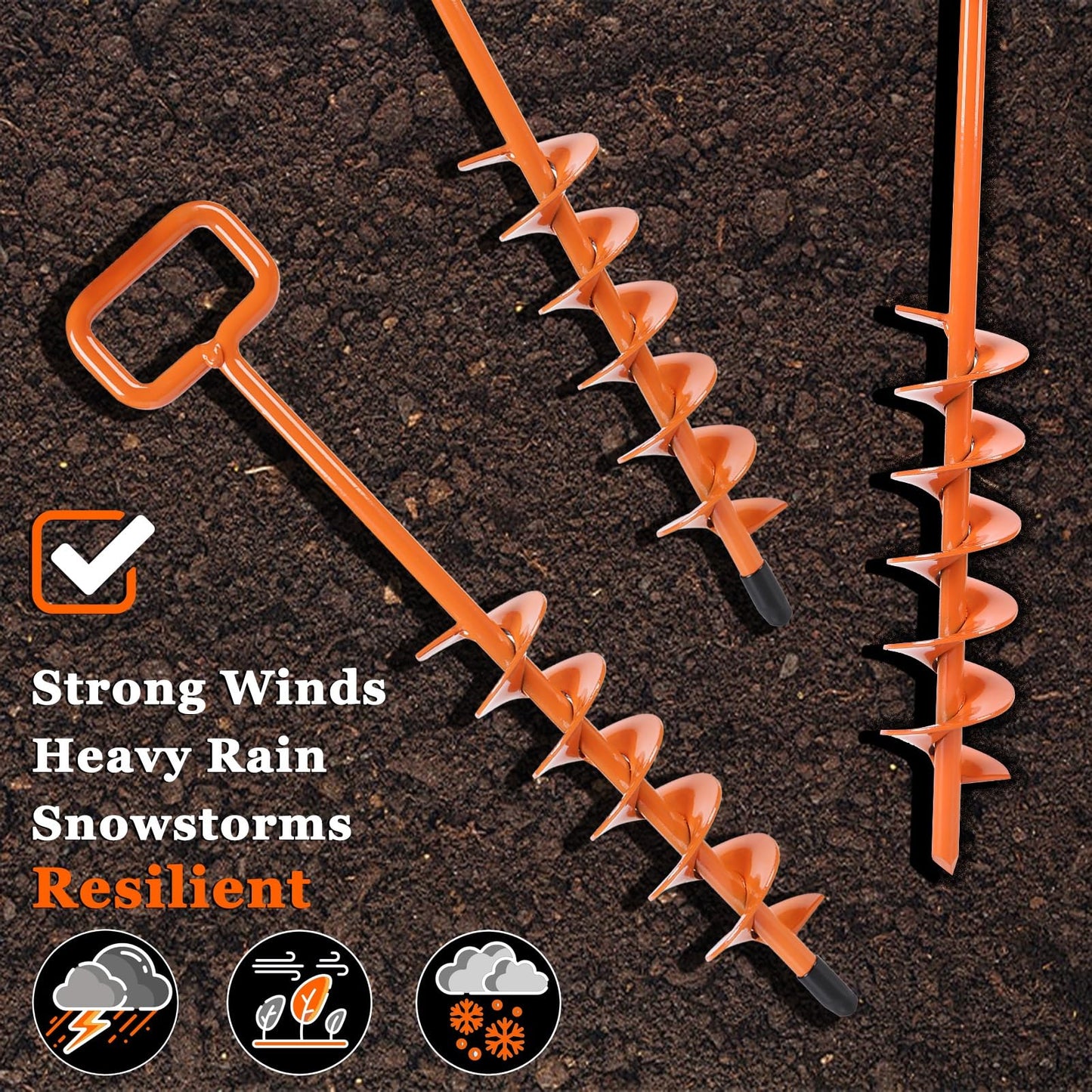 15in Screw in Tent Stakes for 2025 - Ground Anchors Screw in, with Tent Stakes Heavy Duty Adapter & 30ft Nylon Rope – Perfect for Tent Anchors, Ground Anchors Heavy Duty(Orange,6PCS)