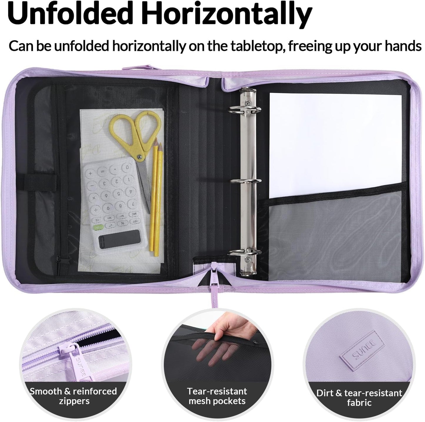 SUNEE Zippered Binder Bag with Handle, 2-Inch 3-Ring O-Ring, 500-Sheet Capacity, Includes Zip Pocket, 5-Tab Expanding File Folder, Multi-Pocket Organizer Binder for Middle School, Pink Lotus