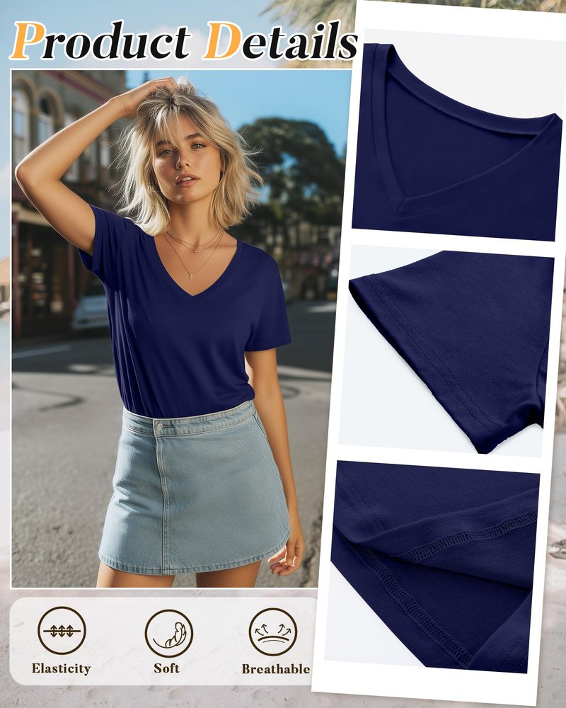 Neer 4 Pack Women's V Neck T-Shirts Short Sleeve Summer Casual Tops Loose Fit Flat Hem Plain Basic Tees(Black, Navy Blue, Light Gray, White,X-Large)