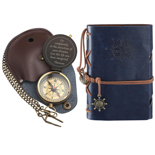 Kanayu 2 Pcs Compass Graduation Gift Compass with Stamped Leather Case and Leather Journal Notebook High School College Graduation Gifts for Him(Dark Blue)