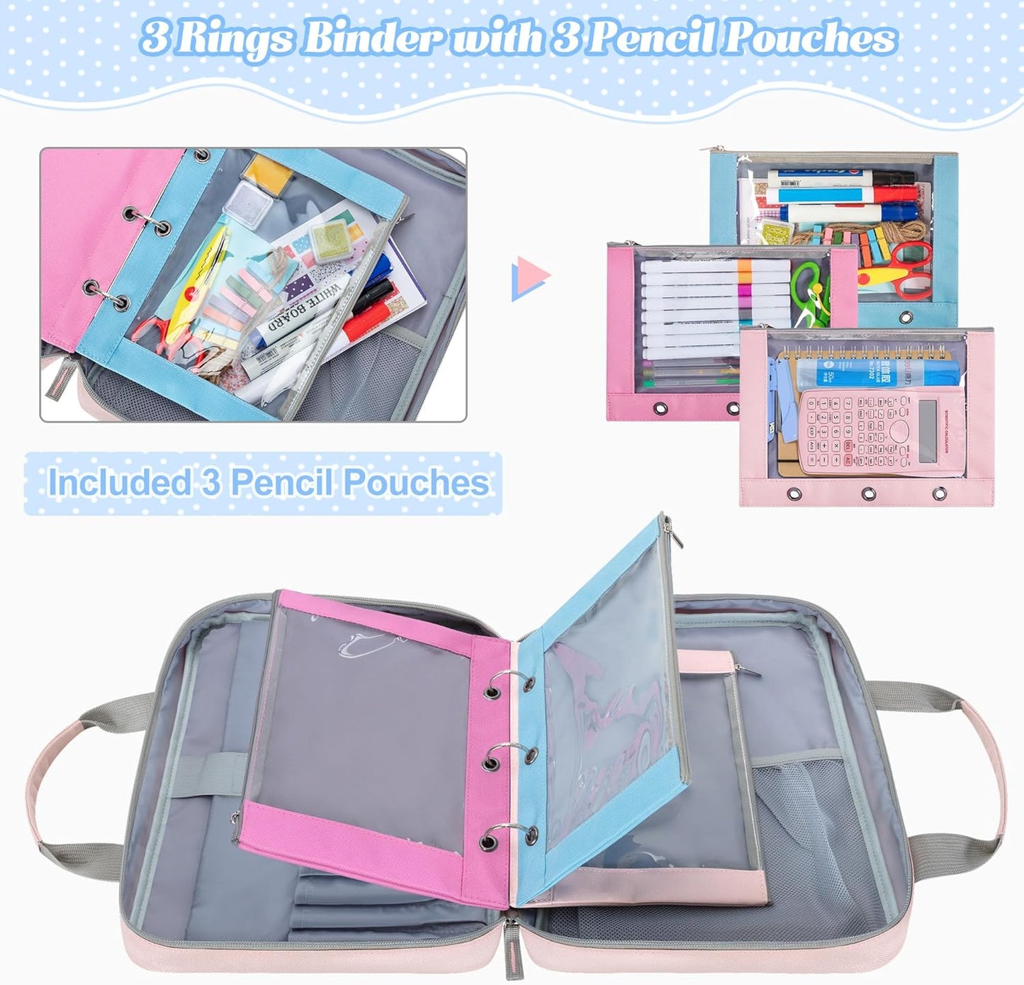 Yarwo Zipper Binder with 3 Pencil Pouches, Small File Organizer with Multiple Pockets & Padded Sleeve Fits 12.9” iPad and Stationery for School, Office, Work, Pink