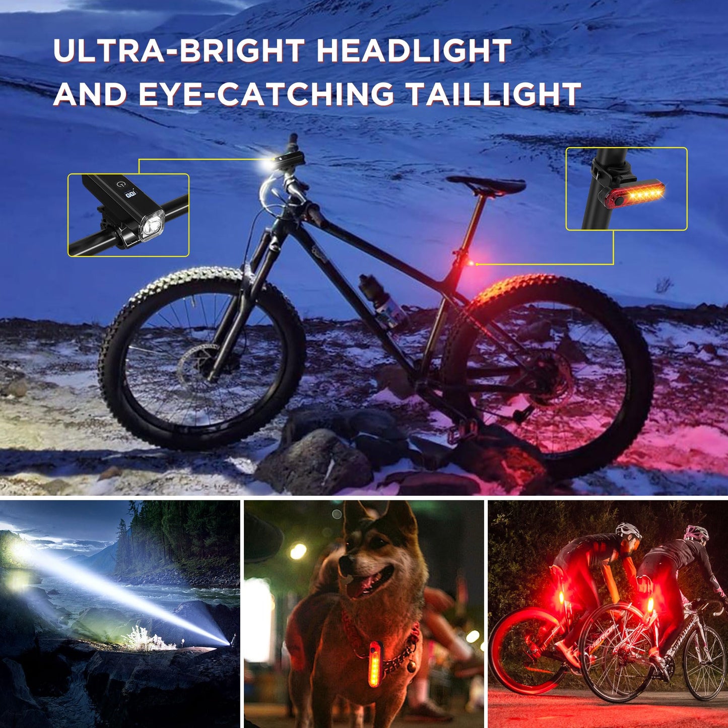 2025 New Bike Lights for Night Riding, Aluminum 1200 Lumens Rechargeable 6000mAh Super Bright Bicycle Headlight and Back Taillight, Waterproof LED Display 6+4 Modes Bicycle Lights Sets