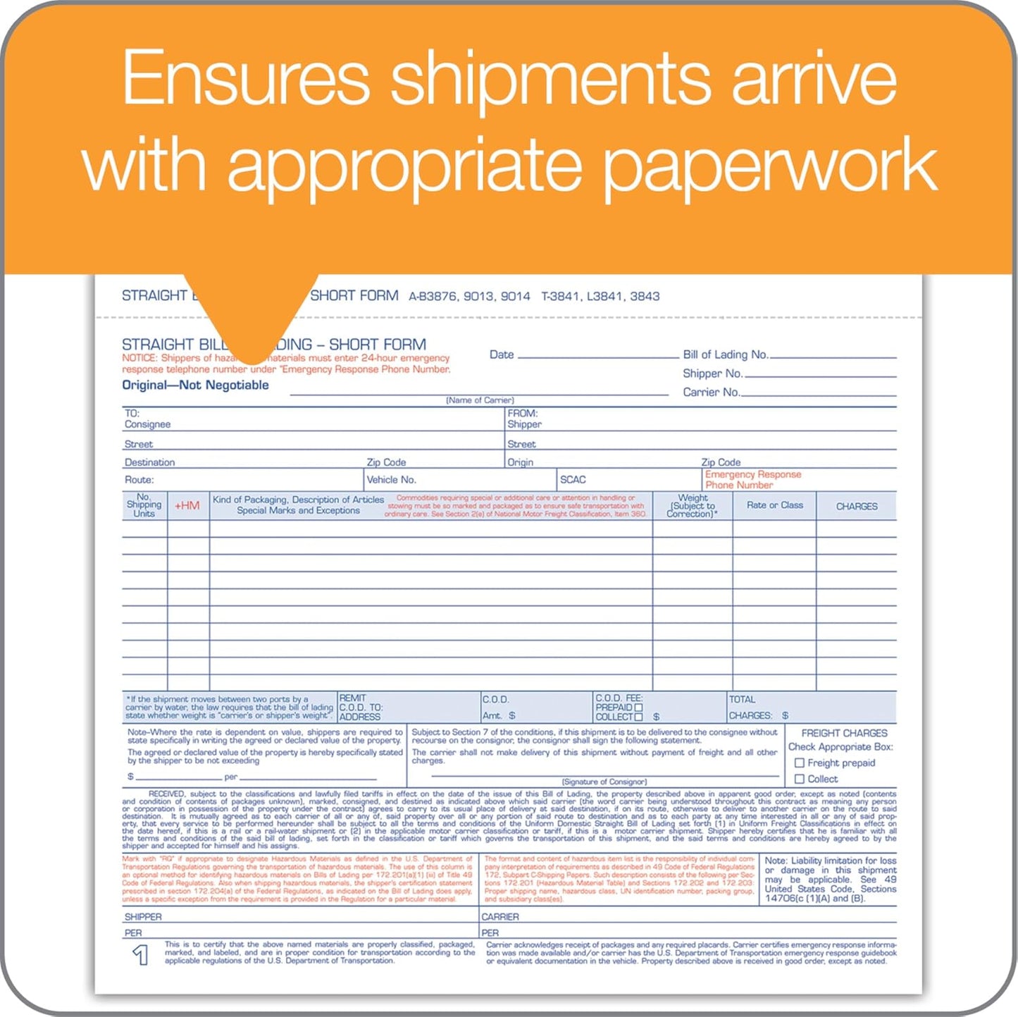 Adams Bill of Lading Short Form, 8-1/2 x 7-7/16 Inches, White, 3-Part, 250-Count (B3876)