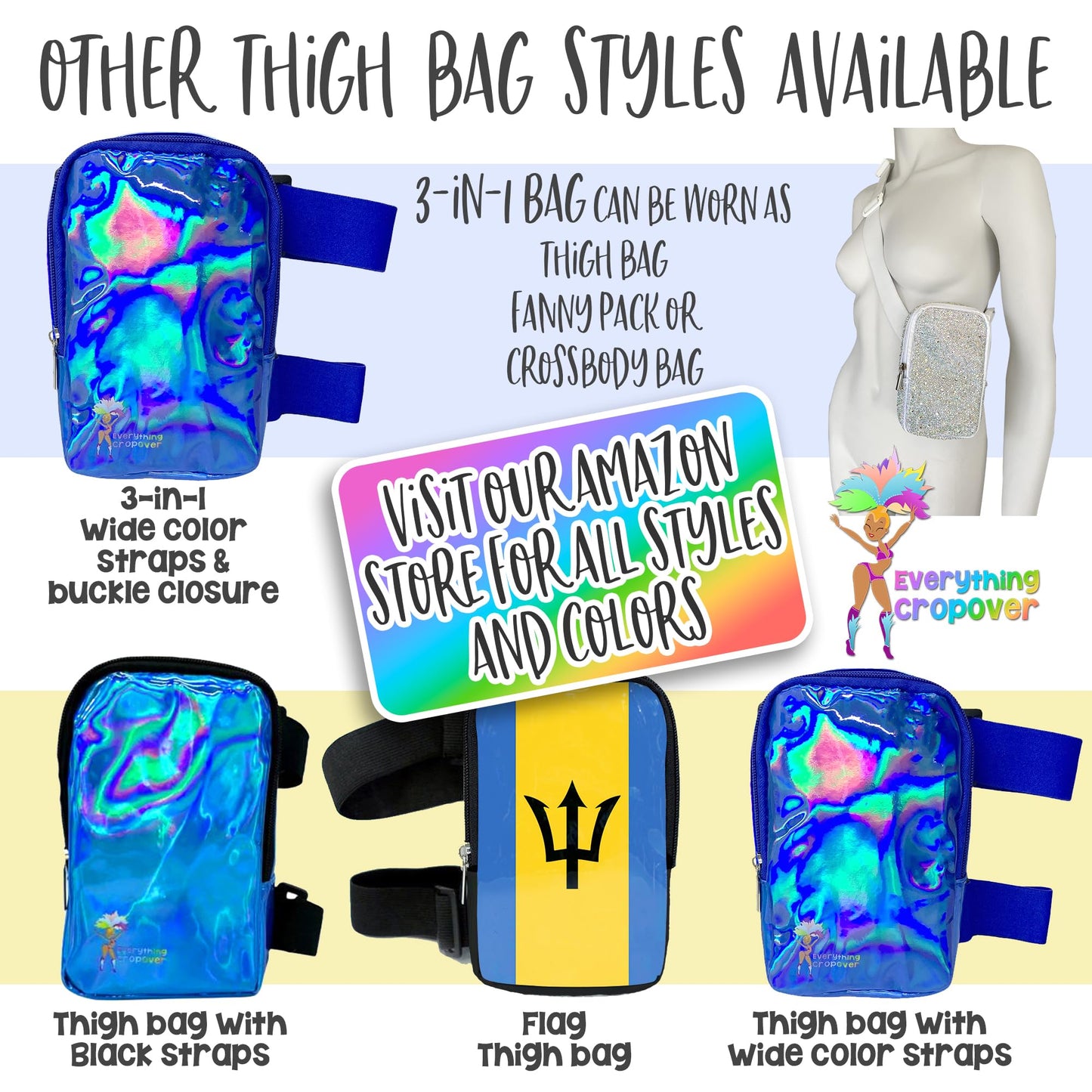 3-IN-1 Thigh Bag Fanny Pack Crossbody Bag | Carnival Leg Harness for Women | Holographic Waist Bag | Rave Leg Pack with Buckles | Black