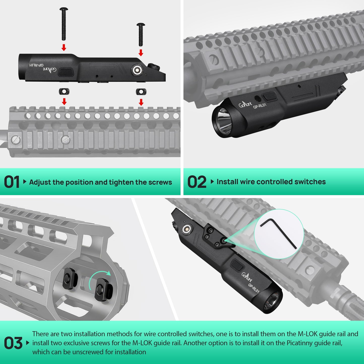 2500 Lumen Aluminum Alloy Rifle Laser Light Combo, 2.5 Hours Long Runtime AR15 Weapon Light and Green Laser, Picatinny Rail MLOK Mounted LED Tactical Flashlight, Low Profile Flashlight AR Rifle R15