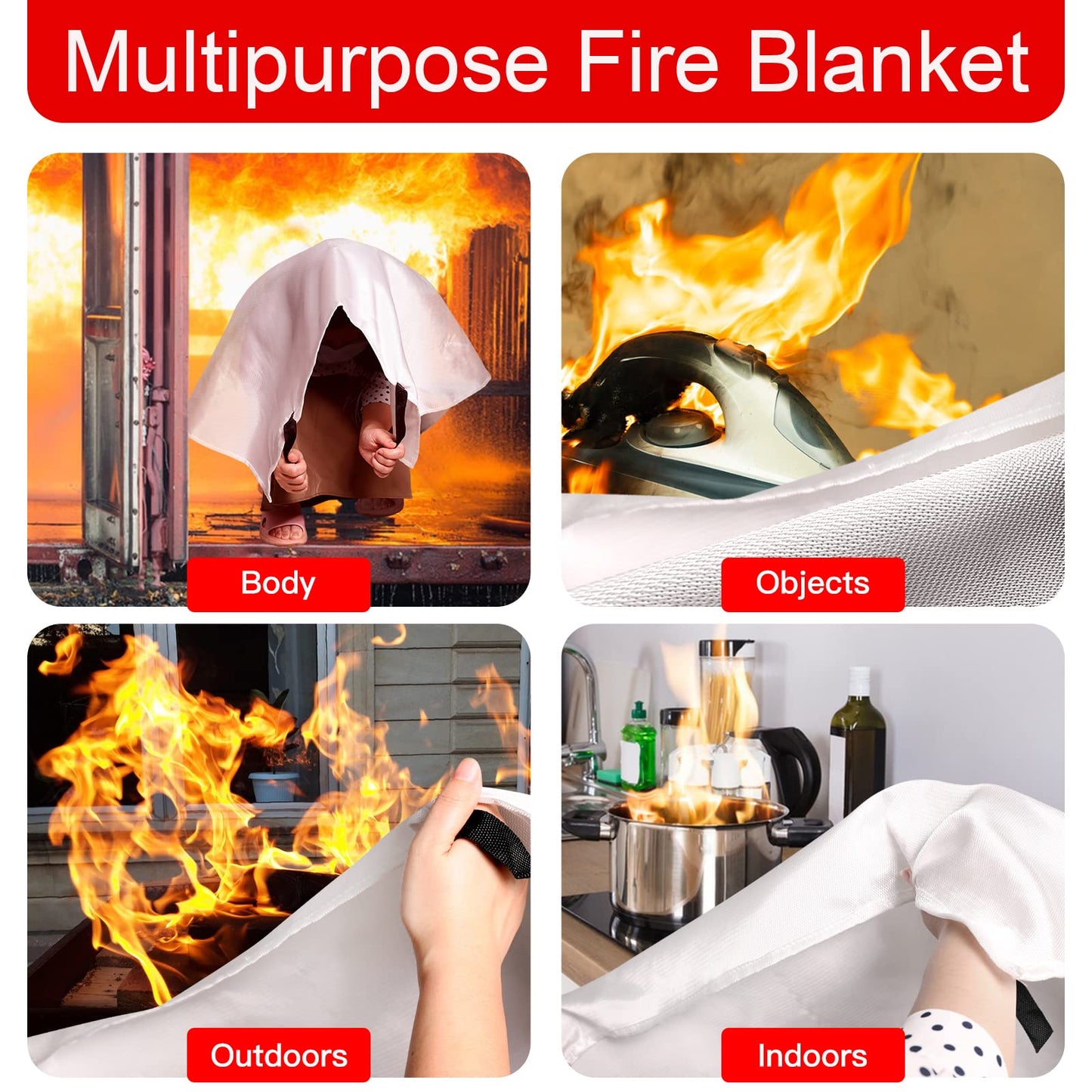 Emergency Fire Blanket for Home and Kitchen - 4 Pack 3.3ft x 3.3ft Fiberglass Fireproof Blankets Extinguisher Suppression Flame Heat Retardant Emergency Survival Safety Cover for Car Office Warehouse
