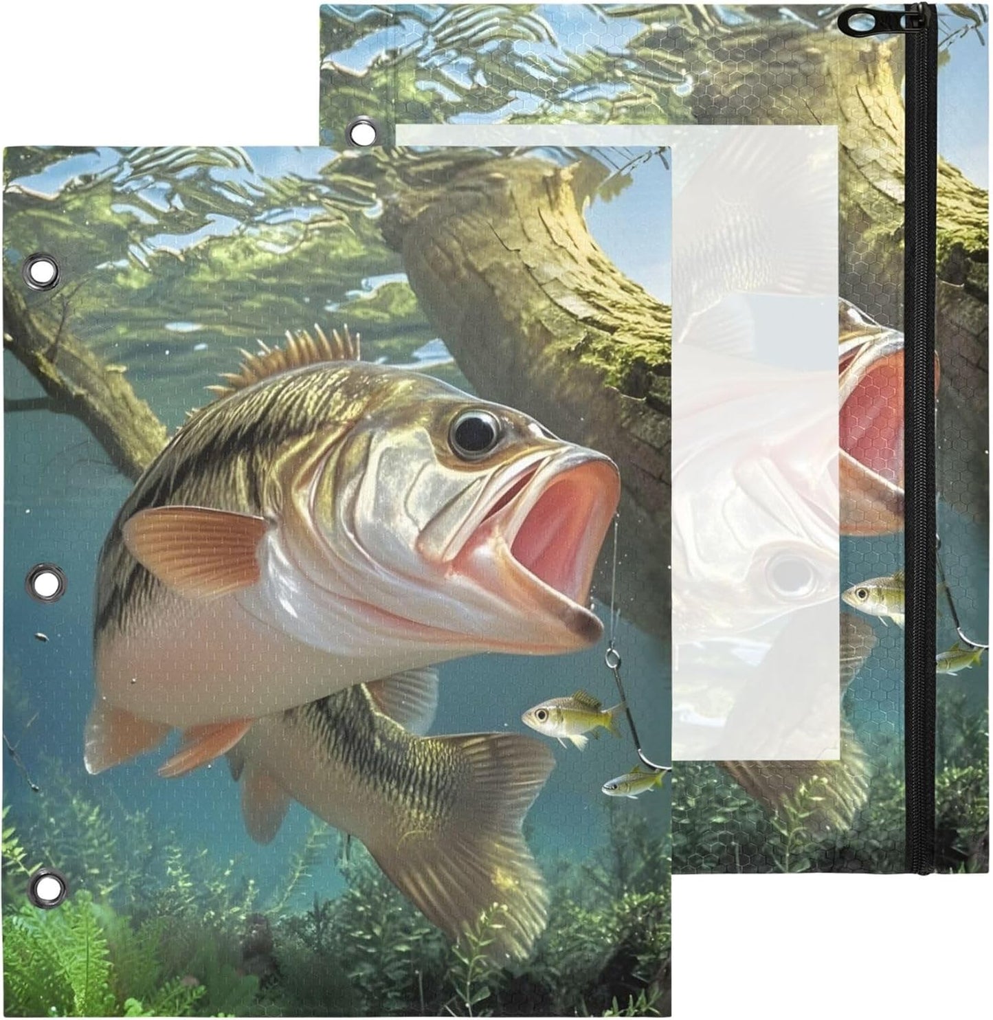 Largemouth Bass Fish 2 Pack 3 Ring Binder Pocket A4 Size Binder Pouches Clear PVC Loose Leaf Folder Sleeves Storage Bags for Files, Documents
