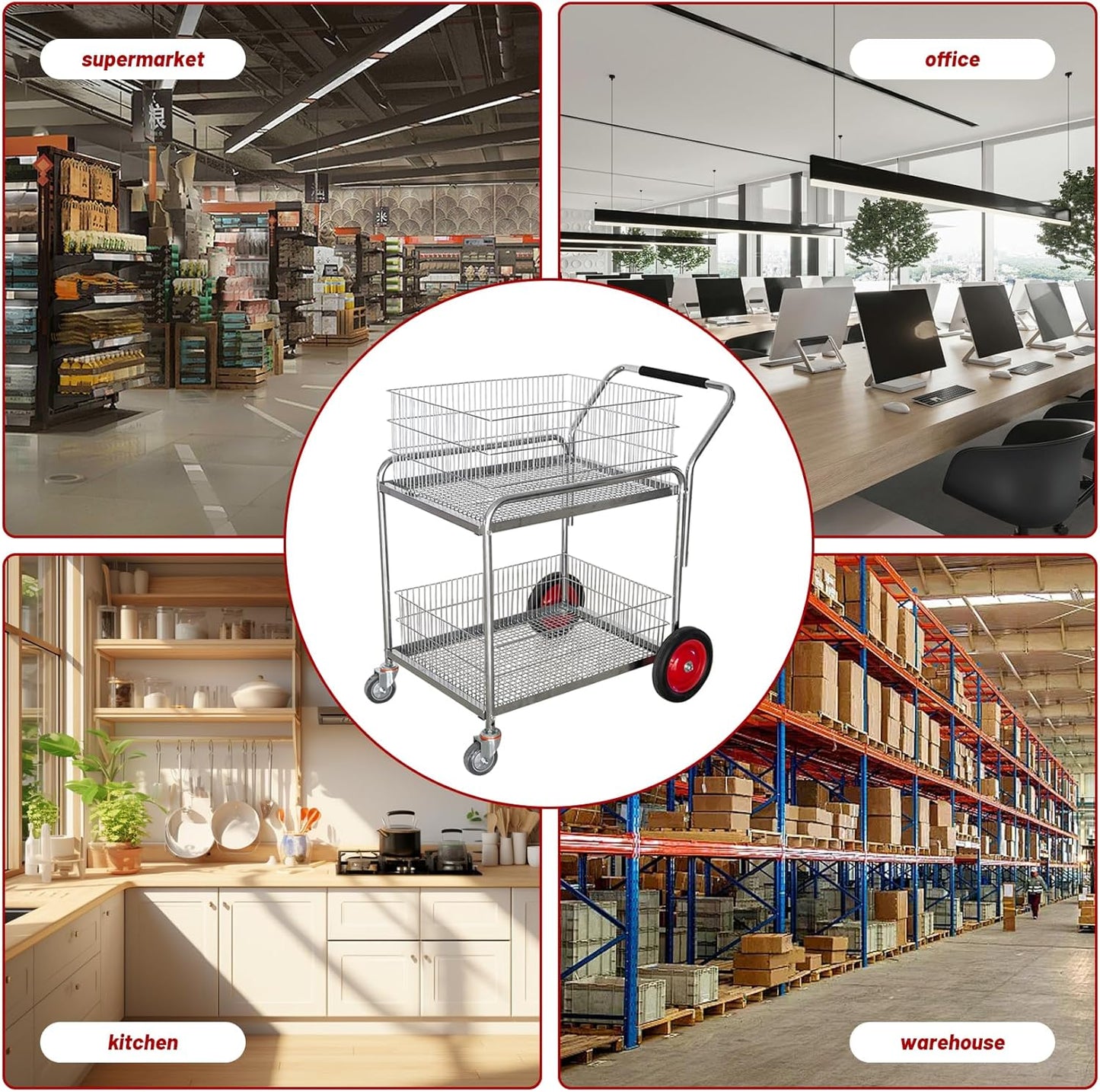 250 Lb Capacity Chrome Heavy Duty Rolling Utility Cart Mail/Office File Cart Grocery Cart with Wheels for Laundry, Shopping, Grocery, Luggage, Office, Kitchen, Restaurant