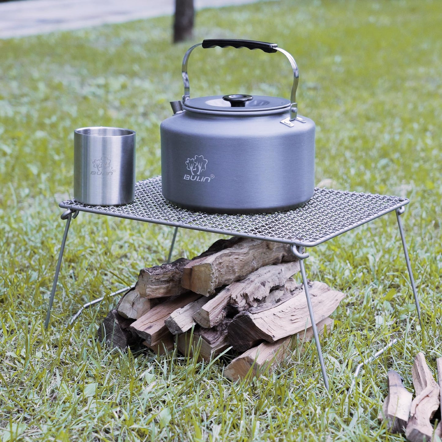 Bulin Camping Kettle, 2.2L Large Portable Stovetop Tea Kettle Fast Heating Boiling Hot Water for Open Fire Lightweight Coffee Pot with 2 Camping Cups & Lids for Outdoor Hiking Picnic Travel