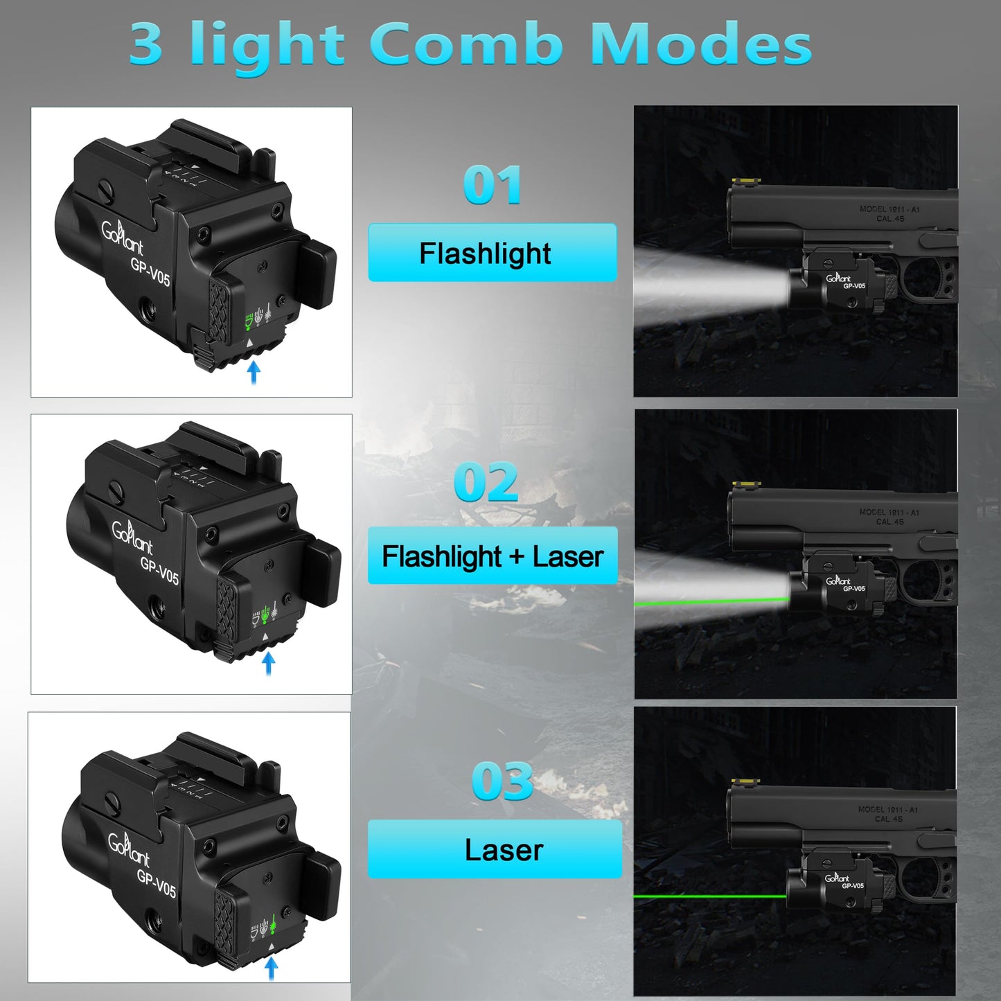 1500 Lumens Aircraft-Grade Aluminum Compact Pistol Flashlight, Picatinny Flashlights Laser Weapon Light, Subcompact Tactical Pistol Lights,Green Laser Light Combo for Handgun, Rechargeable Gun Light