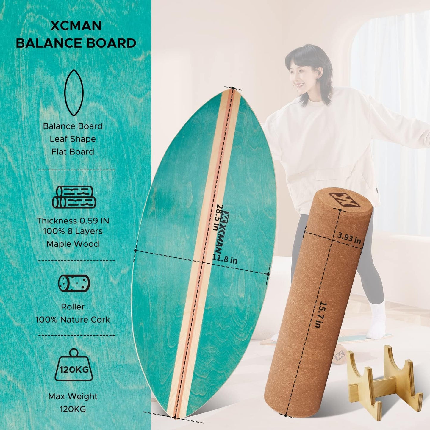 XCMAN Surf Balance Board Trainer with Roller Wooden Exercise Balancing Stability Trainer - Non Slip Surface for Adults Kids|Balance Board Surfing,Skateboarding,Hockey,Yoga