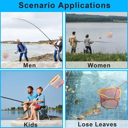 Greeily Fishing Landing Net, 44" to 64" Fishing Net Long Handle for Fishing with Telescopic Extension Pole for Kids Men Women Folding Sturdy Stainless Steel Tubes Comfortable Sponge Handle