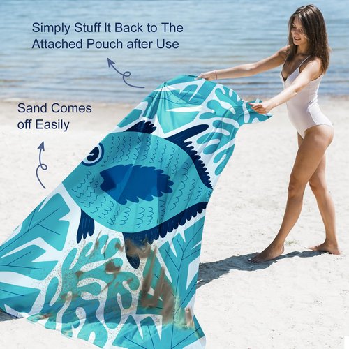 WTVIDAS Large Beach Blanket Waterproof Sandproof 79"x 83" for 1-4 Adults,Quick Drying Beach Mat,Lightweight & Durable,Beach Essentials for Family Beach Camping Travel Picnic(Green Fish)