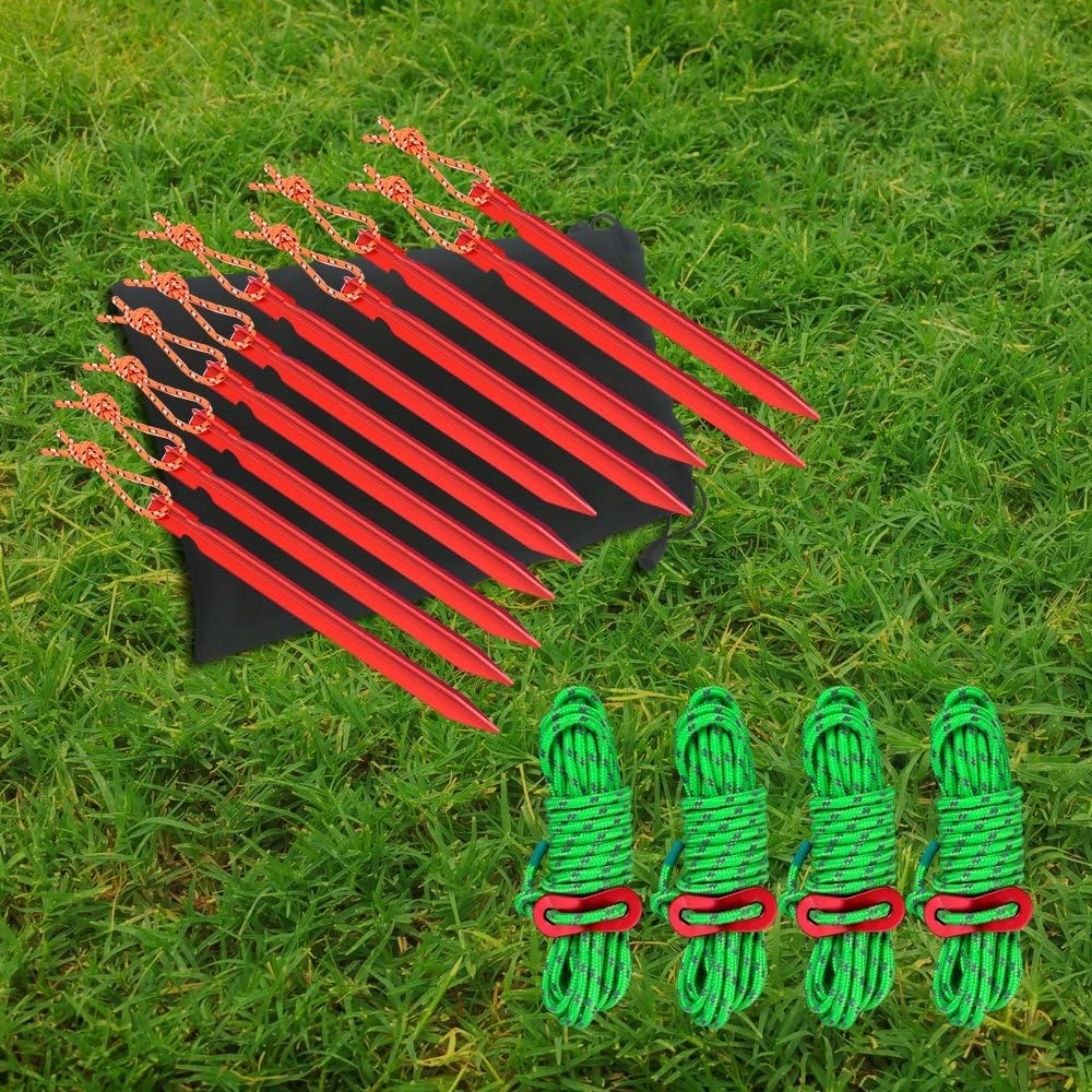 SourceTon 10 Pack Tent Stakes with 4 Reflective Guy Lines - 7075 Aluminum Lightweight Rust-Free Camping Pegs for All Terrains, Includes Adjustable Cord & Carry Pouch (7" Heavy Duty)