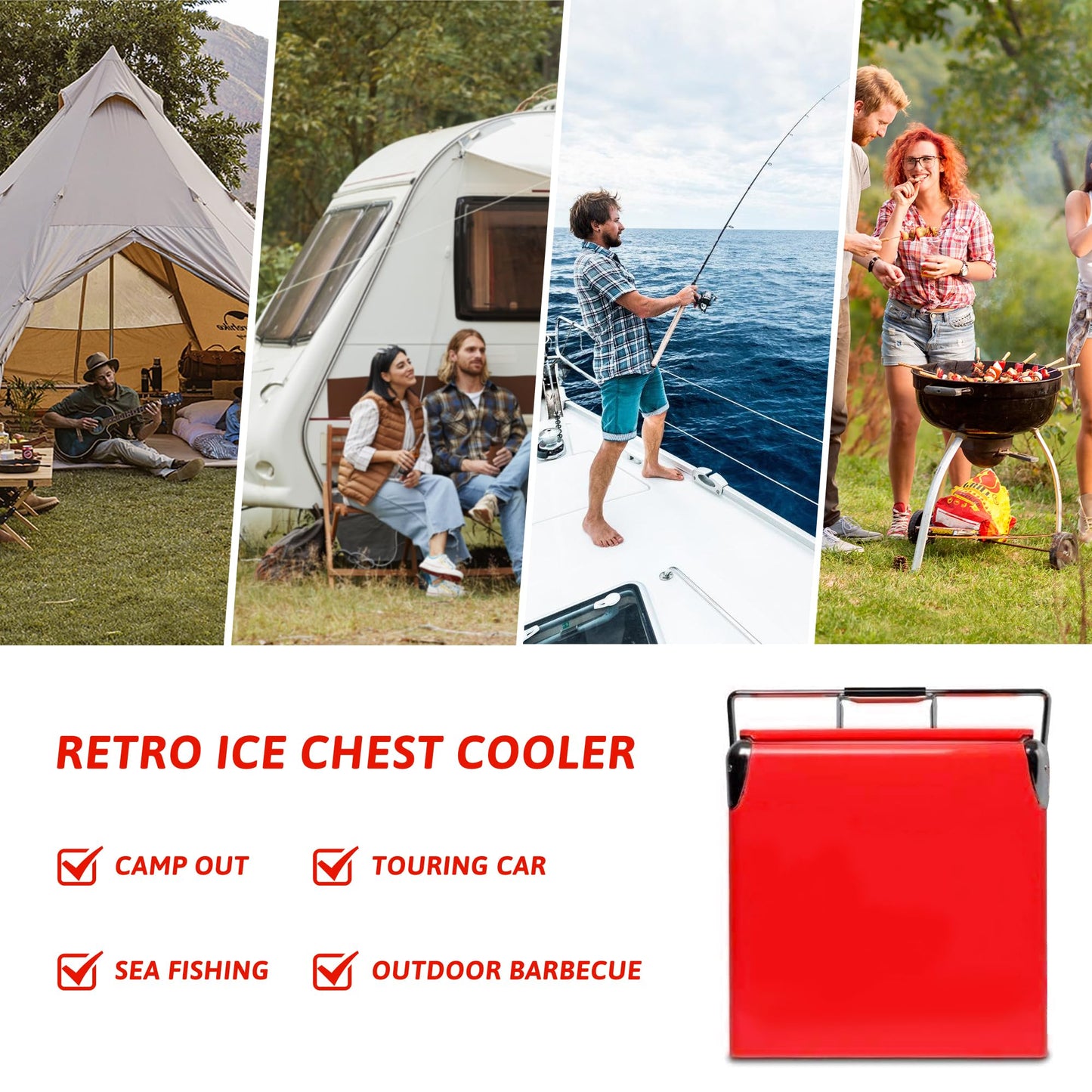 Kickleen Retro Ice Chest Cooler with Bottle Opener 13L (14Qt), Stainless Steel Vintage Style Ice Bucket for Camping, Party, Beach, Picnic, RV, BBQ, Tailgating, Fishing (Red)