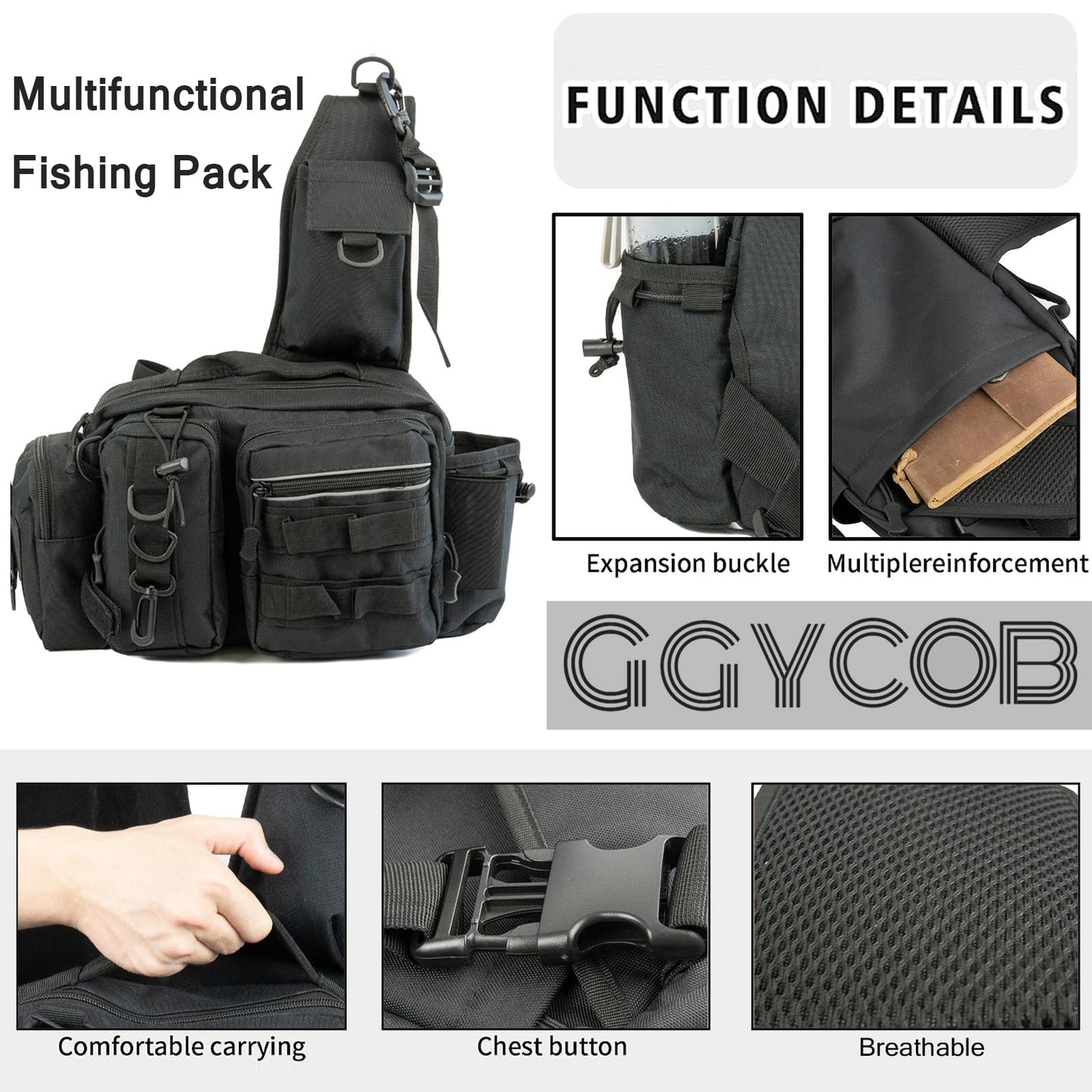 GGYCOB Fishing Tackle Storage Bag Fly Fishing Gear Pack Fishing Backpack for Men Sling Bag Shoulder Cross Body Fishing Bag with Rod Holder Hiking Waterproof Nylon (Black)