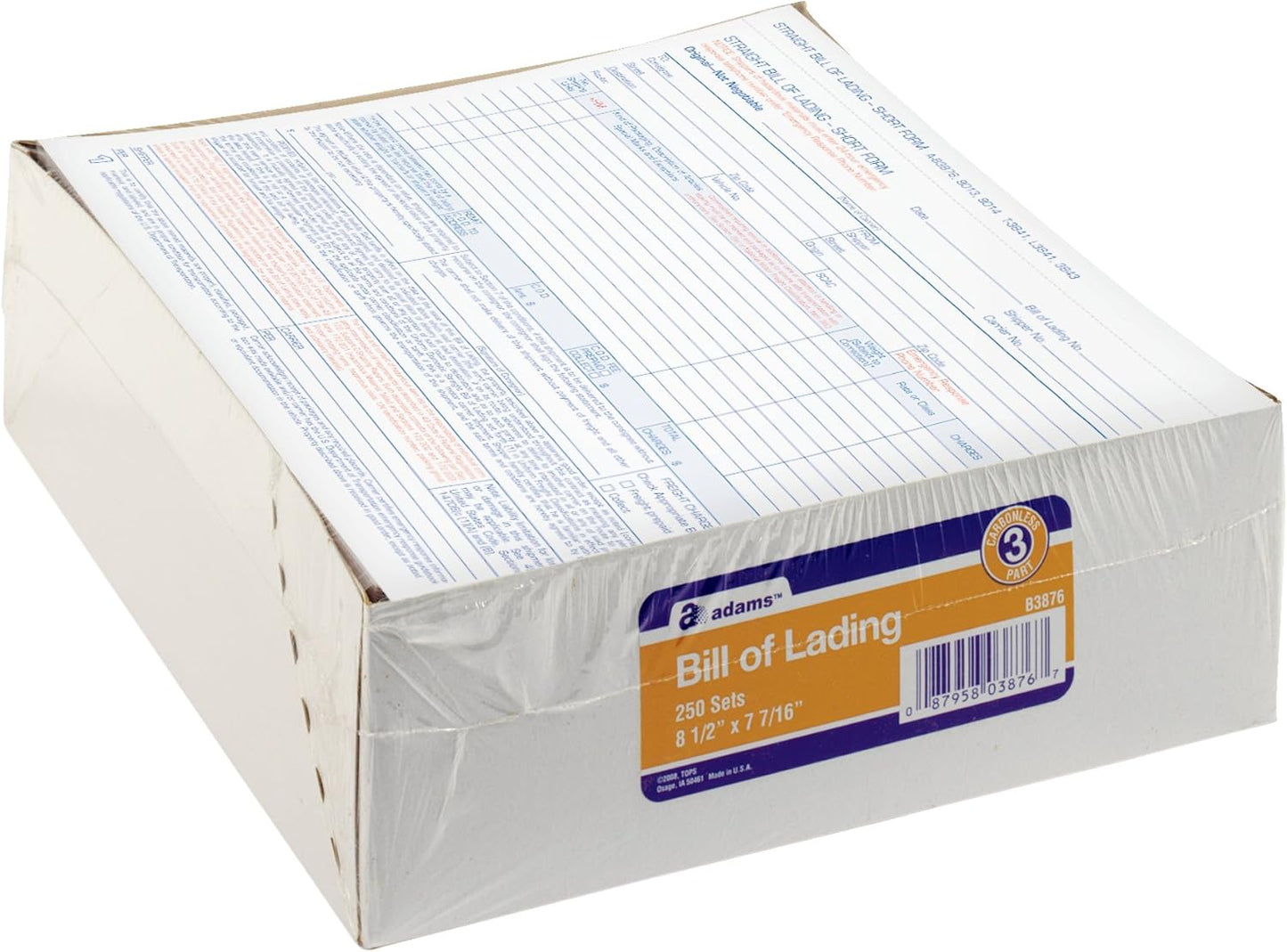 Adams Bill of Lading Short Form, 8-1/2 x 7-7/16 Inches, White, 3-Part, 250-Count (B3876)