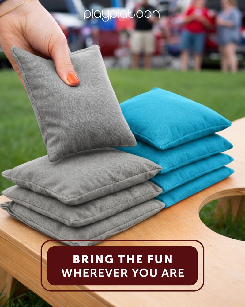 Play Platoon Weather Resistant Cornhole Bags - Set of 8 Regulation Size - Light Blue & Gray - Durable Duck Cloth for Tossing Game, Includes Tote Bag
