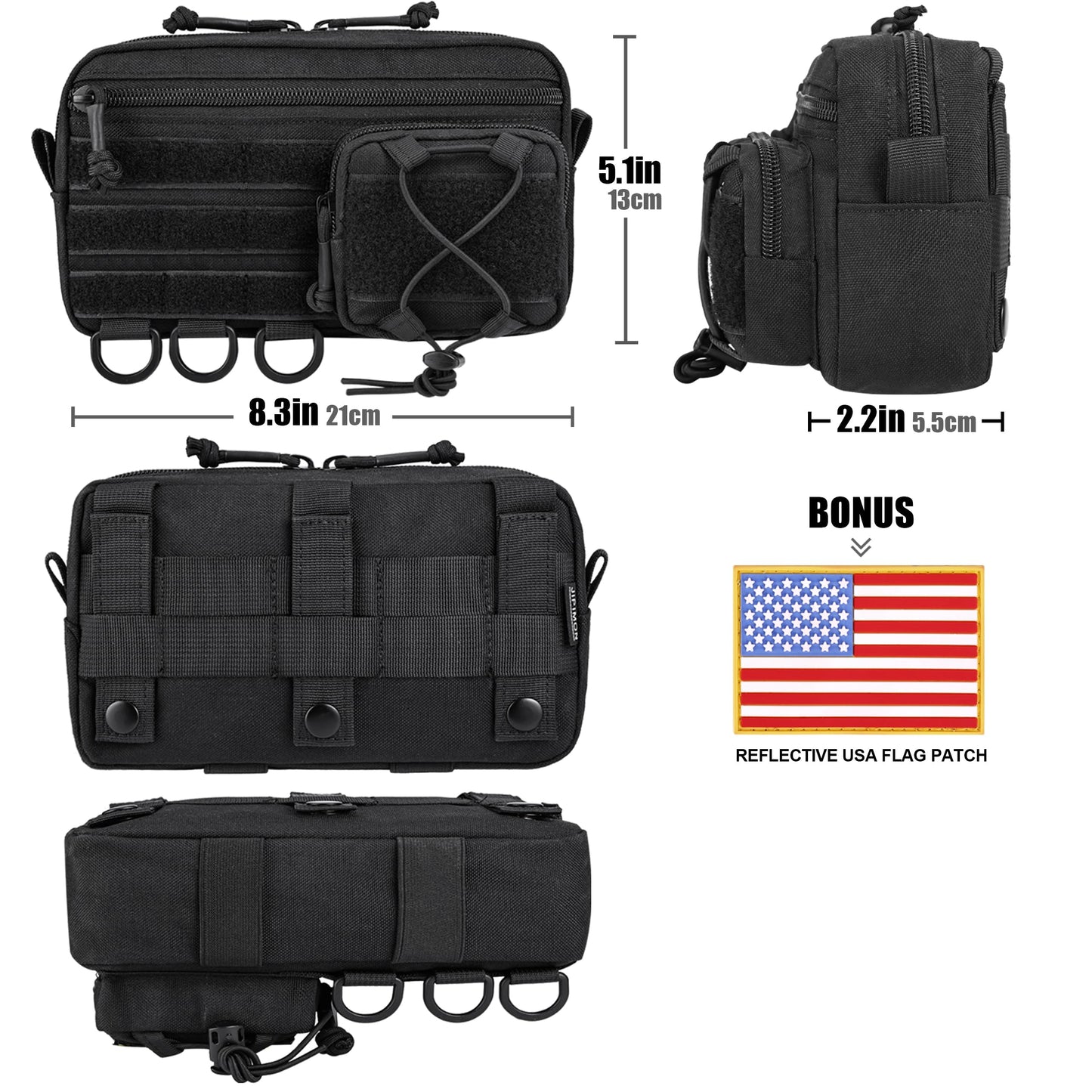 JIPIMON Tactical Molle Pouch, Water-Resistant Admin Pouch with US Flag Patch, Utility Molle Pouches for Tactical Vest Backpack (Black)