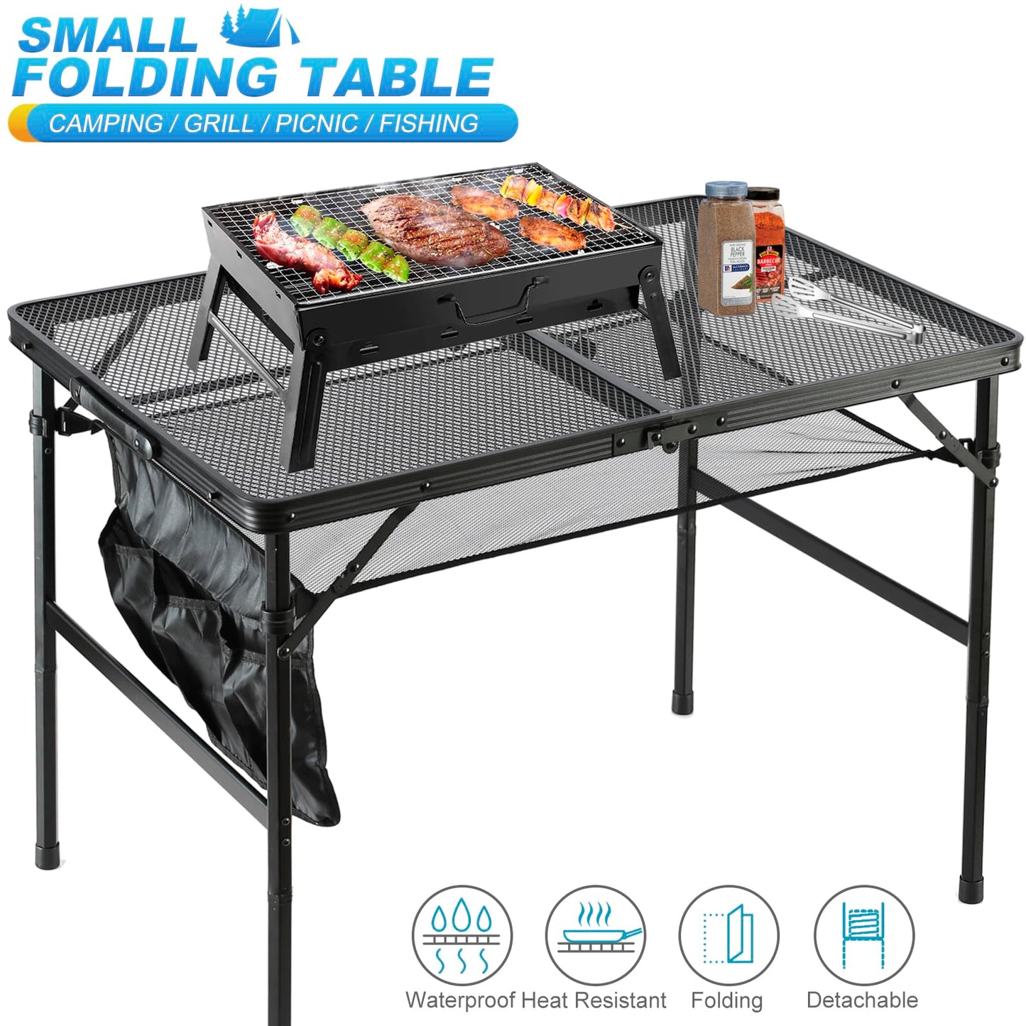 SKIKEN Folding Metal Camping Table with Mesh Layer, Portable & Lightweight Grill Table for Outdoor, 2 Adjustable Heights, Metal Mesh Tabletop for Camping Cooking, Medium Size (2.95 FT, Black)