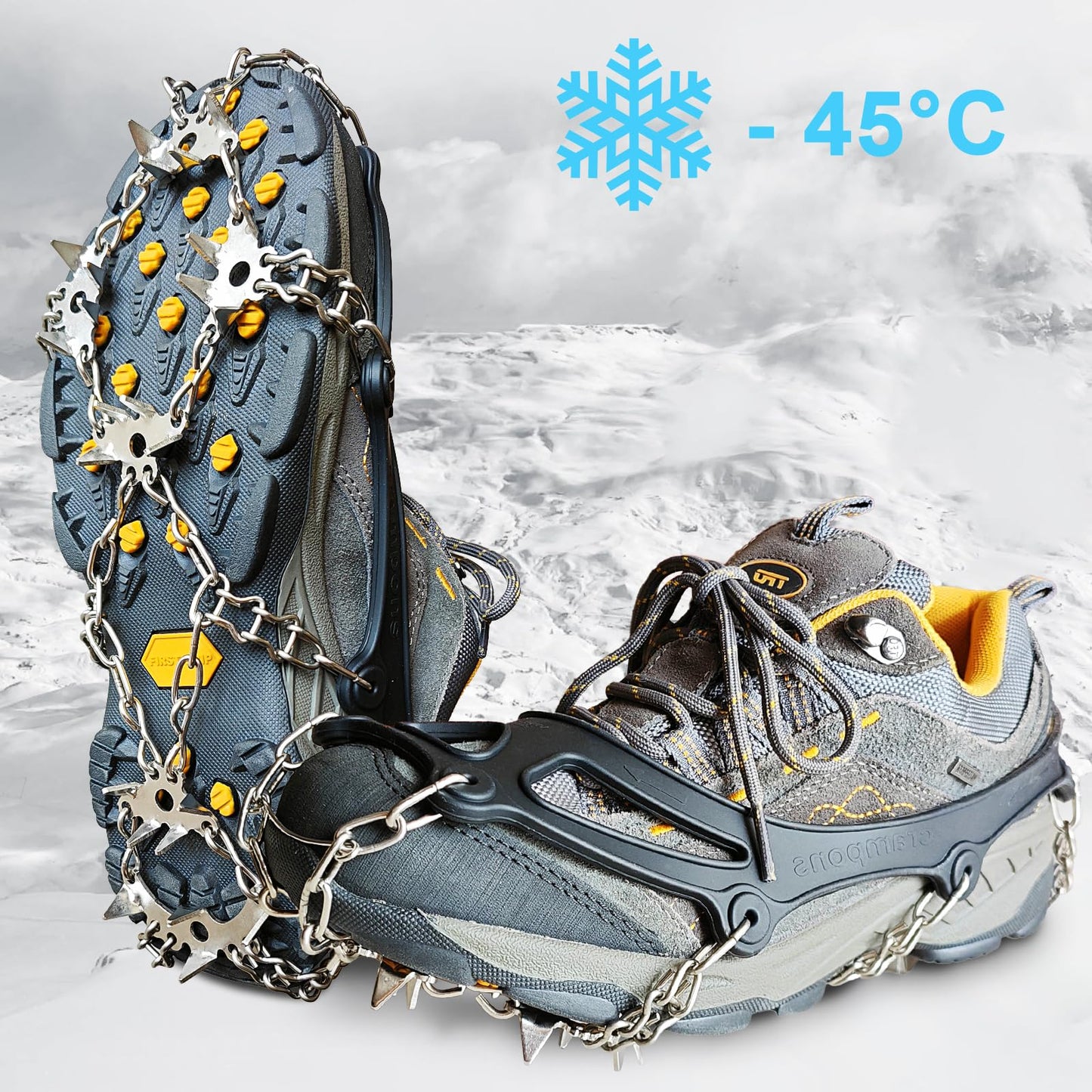 Ice Cleats Crampons - 24 Stainless Steel Spikes for Secure Traction and Safety on Snow and Ice - Ideal for Hiking, Fishing, Walking, Climbing, and Mountaineering (Large)