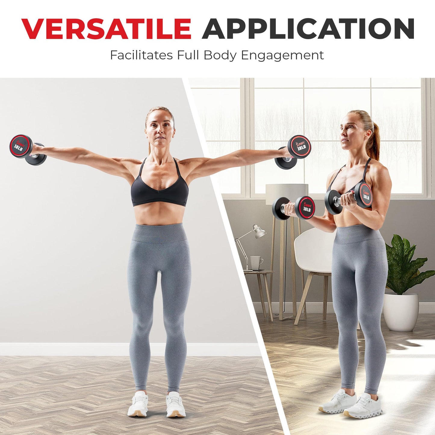 Sunny Health & Fitness Premium Polyurethane Commercial Grade Round Dumbbells with Diamond Knurled Handle, Durable Strength Training Equipment for Home Gym, 5-Pound (Pair) - SF-DB02-5