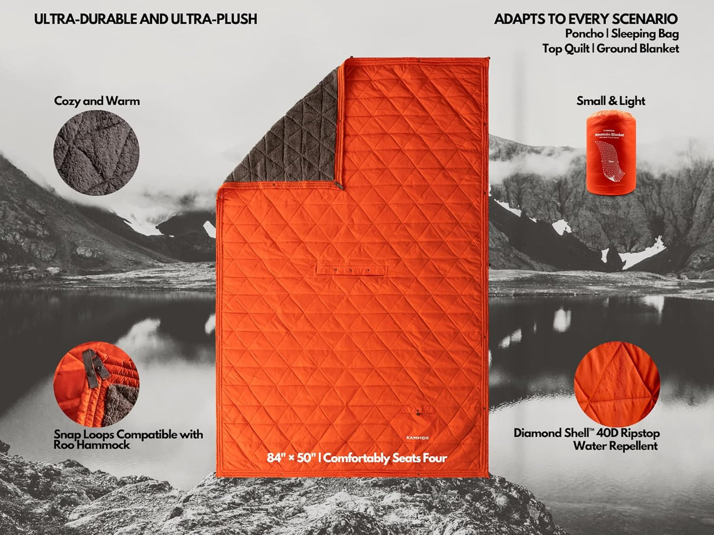KAMMOK Mountain Blanket - Ultra-Plush Fleece, Water Resistant, Portable, Durable, Indoor/Outdoor Camp Blanket (84 in × 50 in) - Ember Orange
