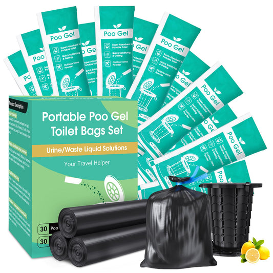 30 Portable Toilet Bags Poo Gel Set, 8 Gallon Camping Toilet Bags with Portable Absorbent Toilet Gel, Urine Powder with Potty Trash Waste Bags for Outdoor Camping, Traveling, Emergency