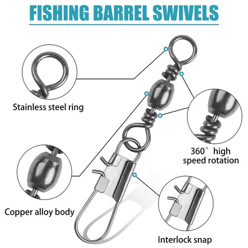 VATEICO Fishing Barrel Swivel with Safety Snaps,50pcs/Pack High Strength Saltwater Fishing Swivel Interlock Snaps Stainless Steel Freshwater Leader Lure Connector Accessories 10#