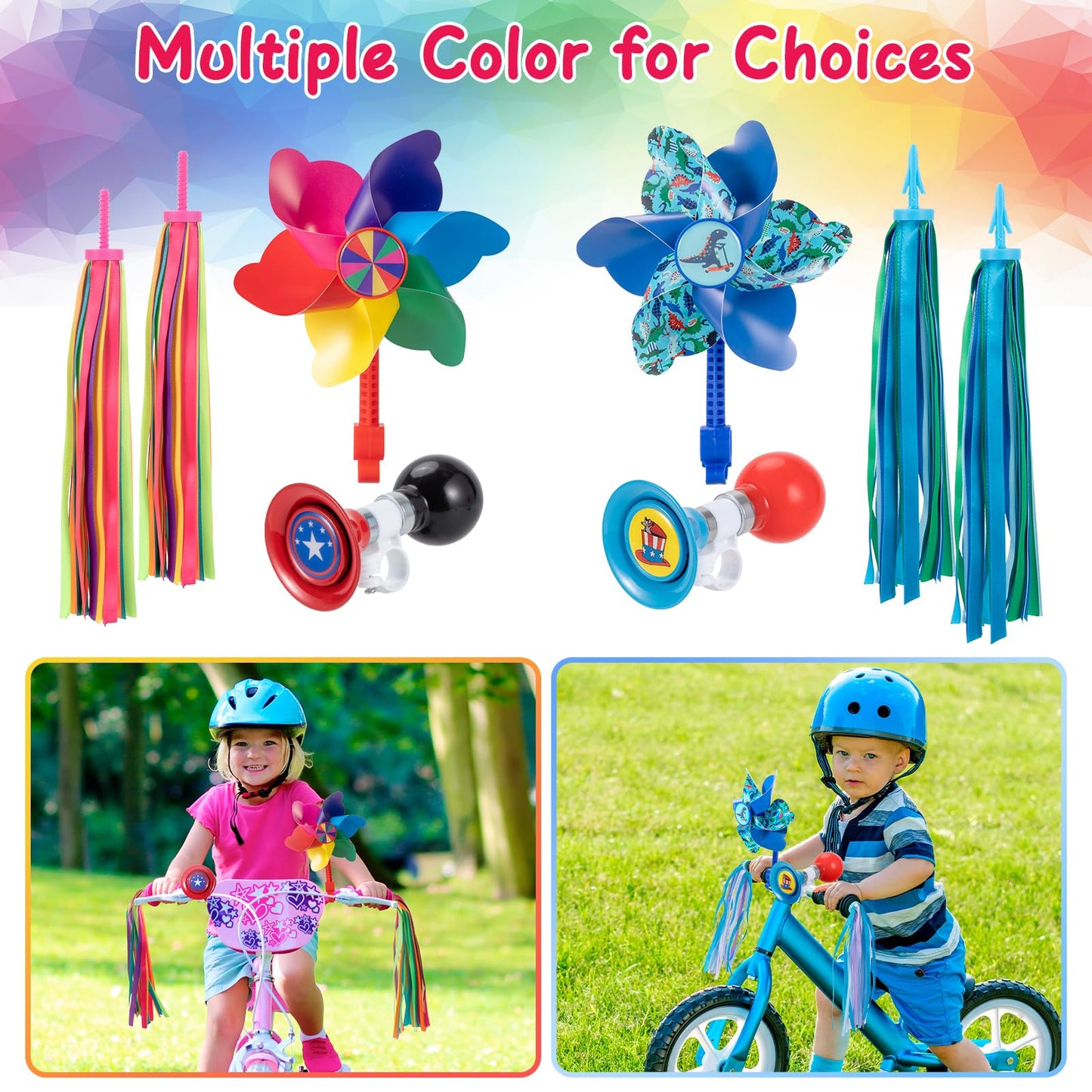 Kids Bike Horn Set, Children Bicycle Bell with 2 Pcs Bike Handle Streamers, and Windmill Kid Bike Accessories for Girls or Boy(Blue)