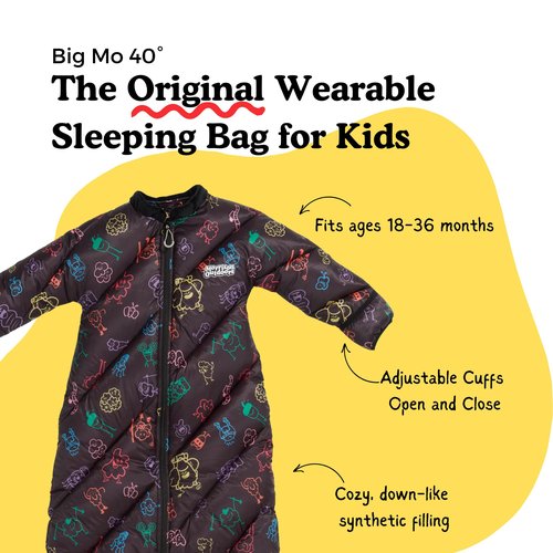 Big Mo 40° Kids Sleeping Bag (Ages 18-36m). The Coziest, Funnest Camping Sleeping Bag for Kids with Adjustable Cuffs. (Black Rainbow)