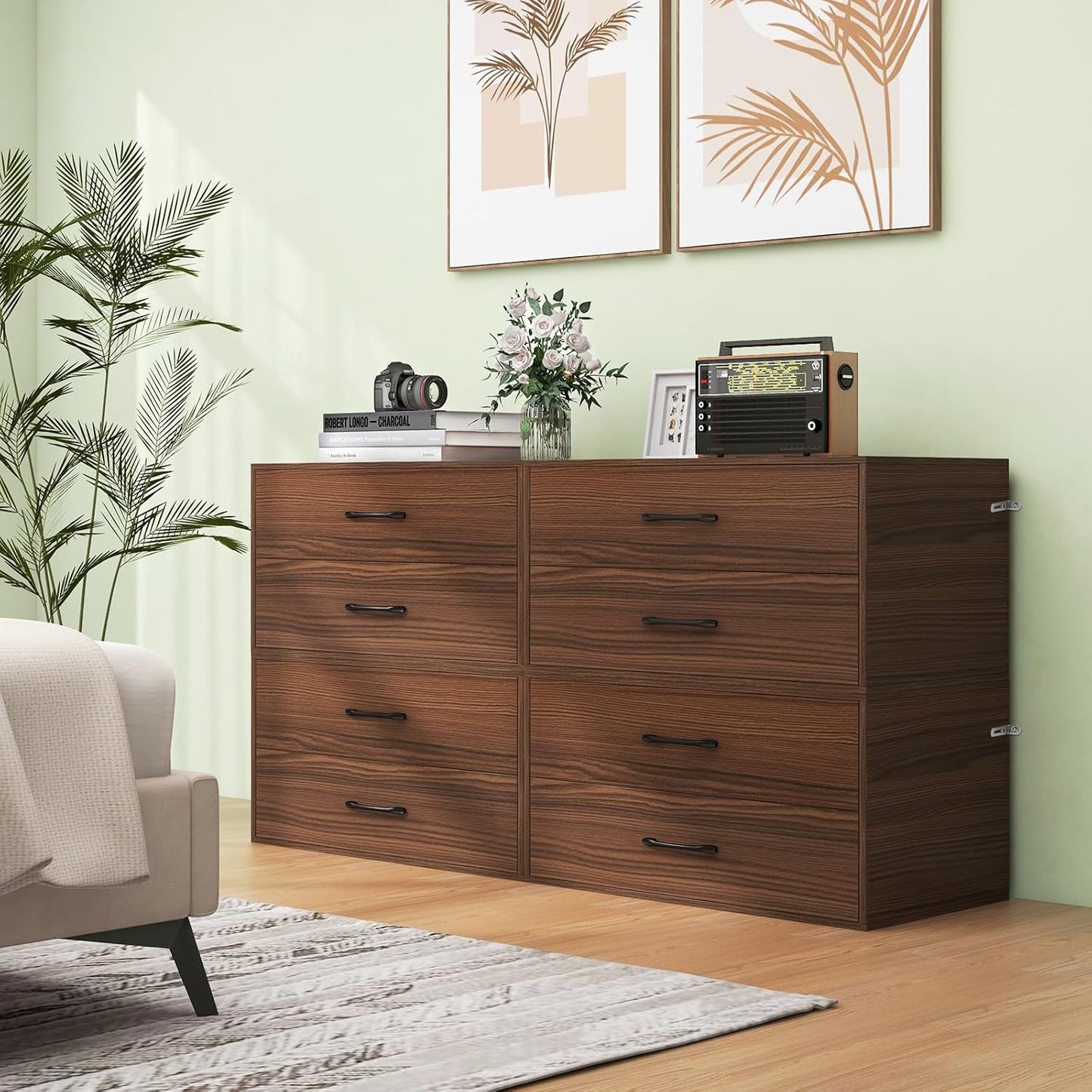 2 Drawer Lateral File Cabinet, Stackable Home Office Drawers, Under Desk Printer Stand, Low Storage Organizer, Horizontal Wooden Filing Cabinet for Study Living Room, No Wheels (2, Walnut)