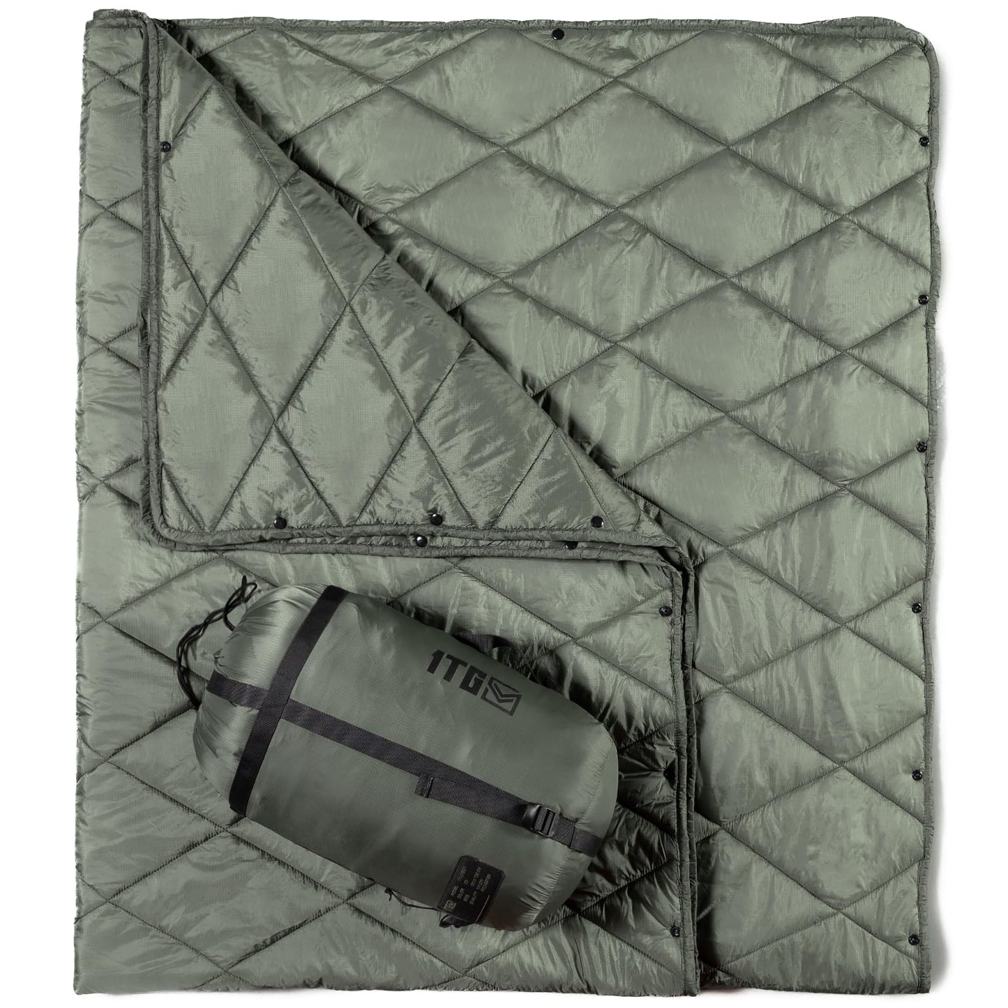 1TG Tactical Camping Blanket - Packable, Ultra Warm and Lightweight with Snap Button Backpacking Quilt Water-Resistant, for Sleeping, Outdoors, Travel - Large/Olive Green