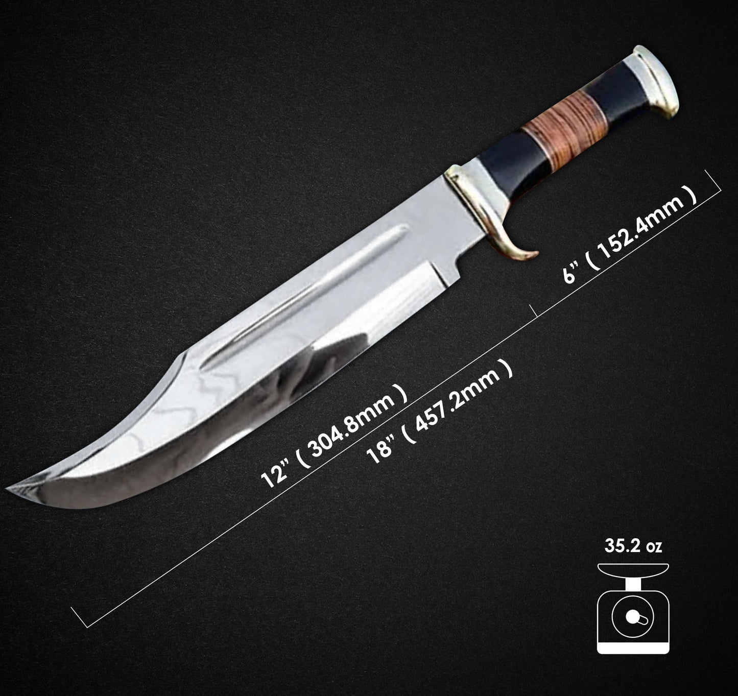 WARIVO KNIFE D2 18 Inches Large Crocodile Dundee Bowie Knife with Leather Sheath Big Survival Fixed Blade Knife with Leather and Horn Handle for Outdoor Camping Knives For Men