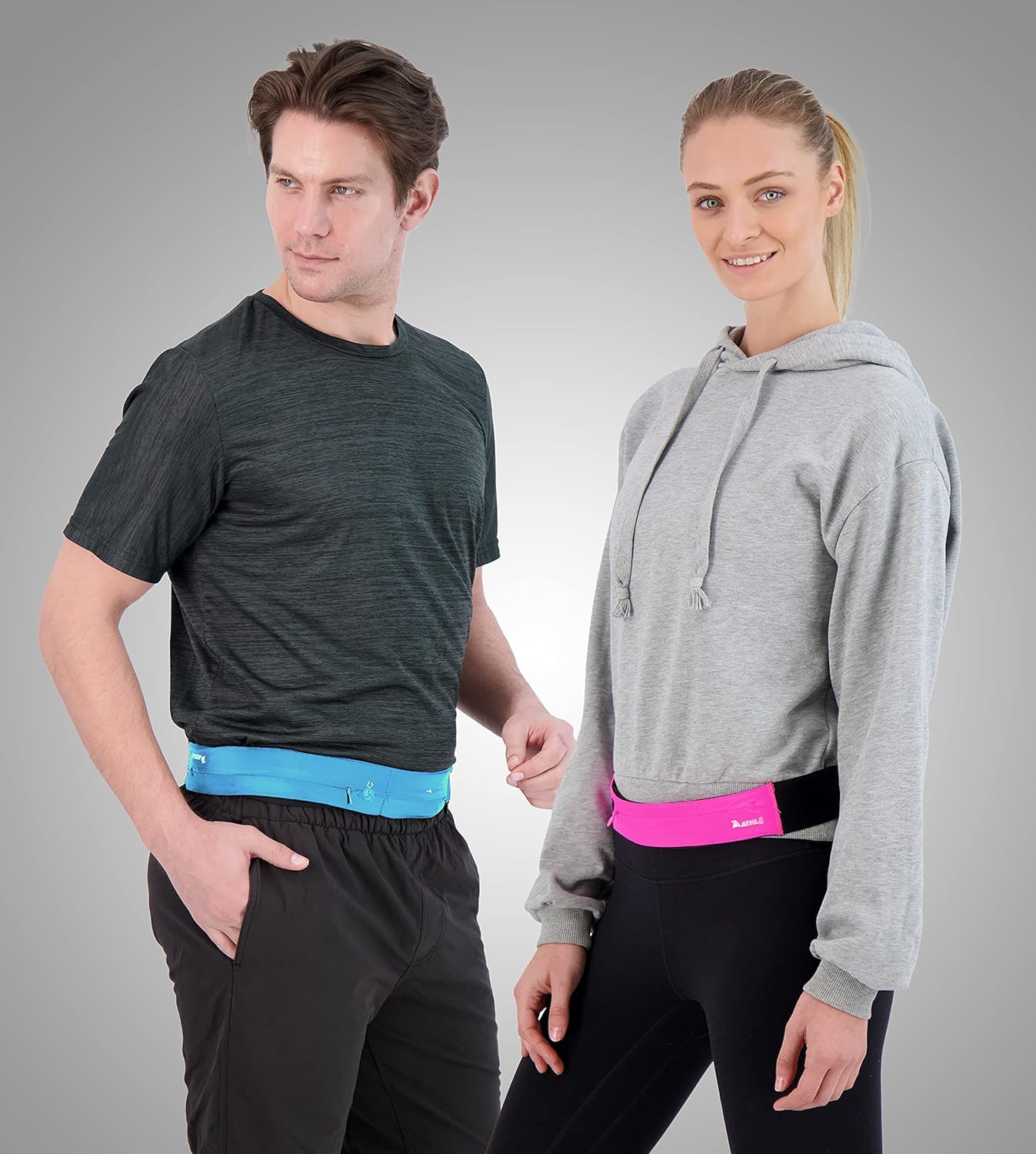 Athlé Running Belt for Exercise and Travel - Two Stretch Pockets Fit Most Phones, Wallet, Cards and More - Key Clip, Earphone Jack, Adjustable Waist Strap