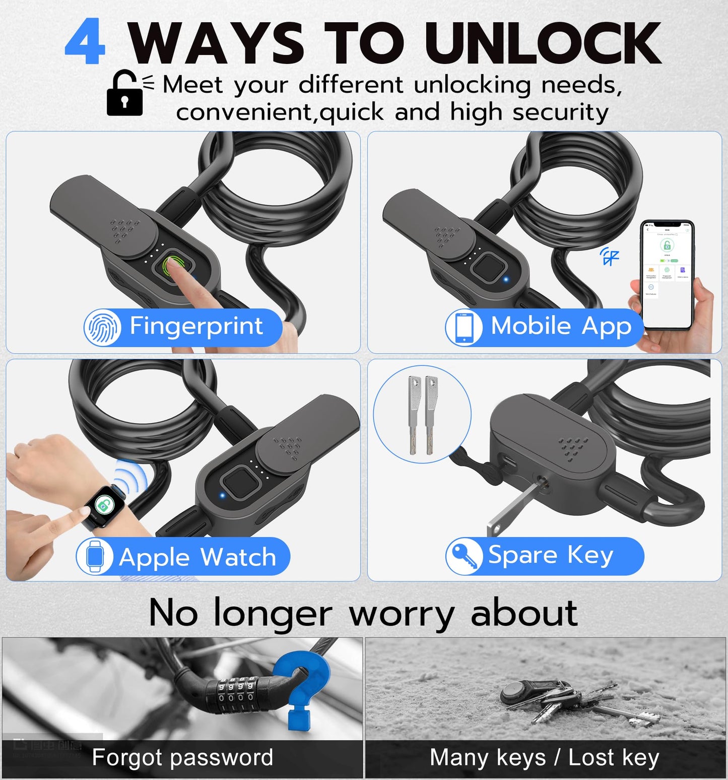 Anweller Fingerprint Bike Lock with Key, Heavy Duty Anti-Theft Weatherproof Keyless Bluetooth Digital Electronic Biometric Smart Cable Lock for Bicycle Scooter Accessories Outdoor Fence Gate