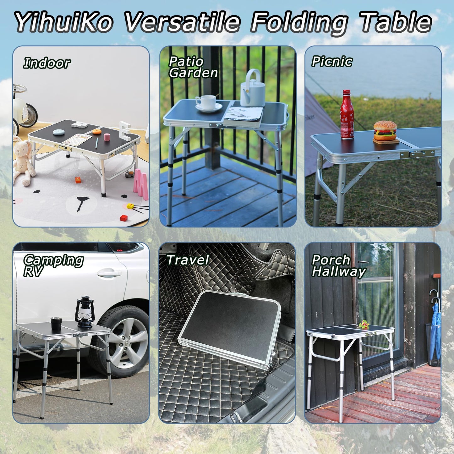 YihuiKo Folding Camping Table, Adjustable Height Folding Table, Portable Aluminum Small Folding Table with Carry Handle for Picnic, BBQ, Indoor, Office
