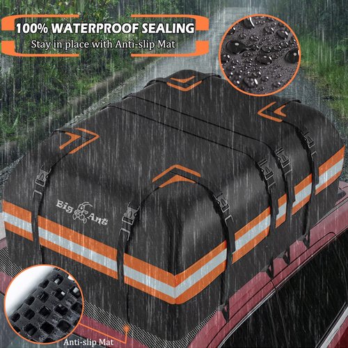 Big Ant Car Rooftop Cargo Carrier Bag 23 Cubic Feet, Roof Bag Waterproof Topper Luggage Carriers for All Vehicle with/without Rack Bar Include Anti-Slip Mat, 8 Door Hooks, 2 Extra Straps, Luggage Lock