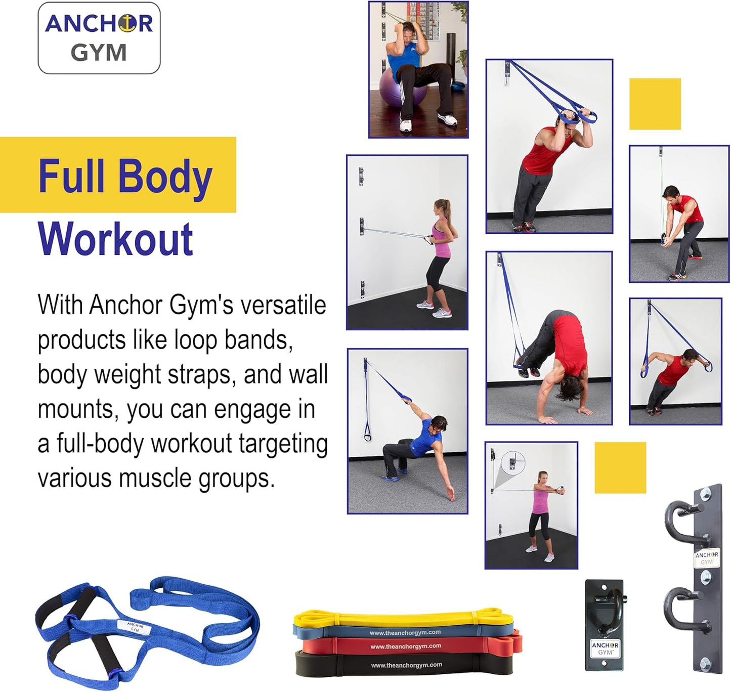 Anchor Gym Core Station - Wall Mount Workout Anchors for Resistance Band, Three Units with Two Hooks for Exercise Bands, Body Weight Straps, Strength Training - (Wood Mounting Screws Included)