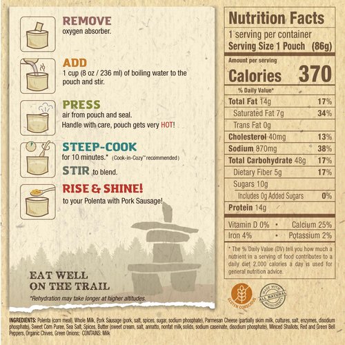 Packit Gourmet Polenta with Pork Sausage| Premium Freeze Dried Backpacking & Camping Food | Large Portions | High Protein | Real Meat | Just Add Water Meals |All-Natural Ingredients | Made in USA |Freeze-Dried and Dehydrated Foods